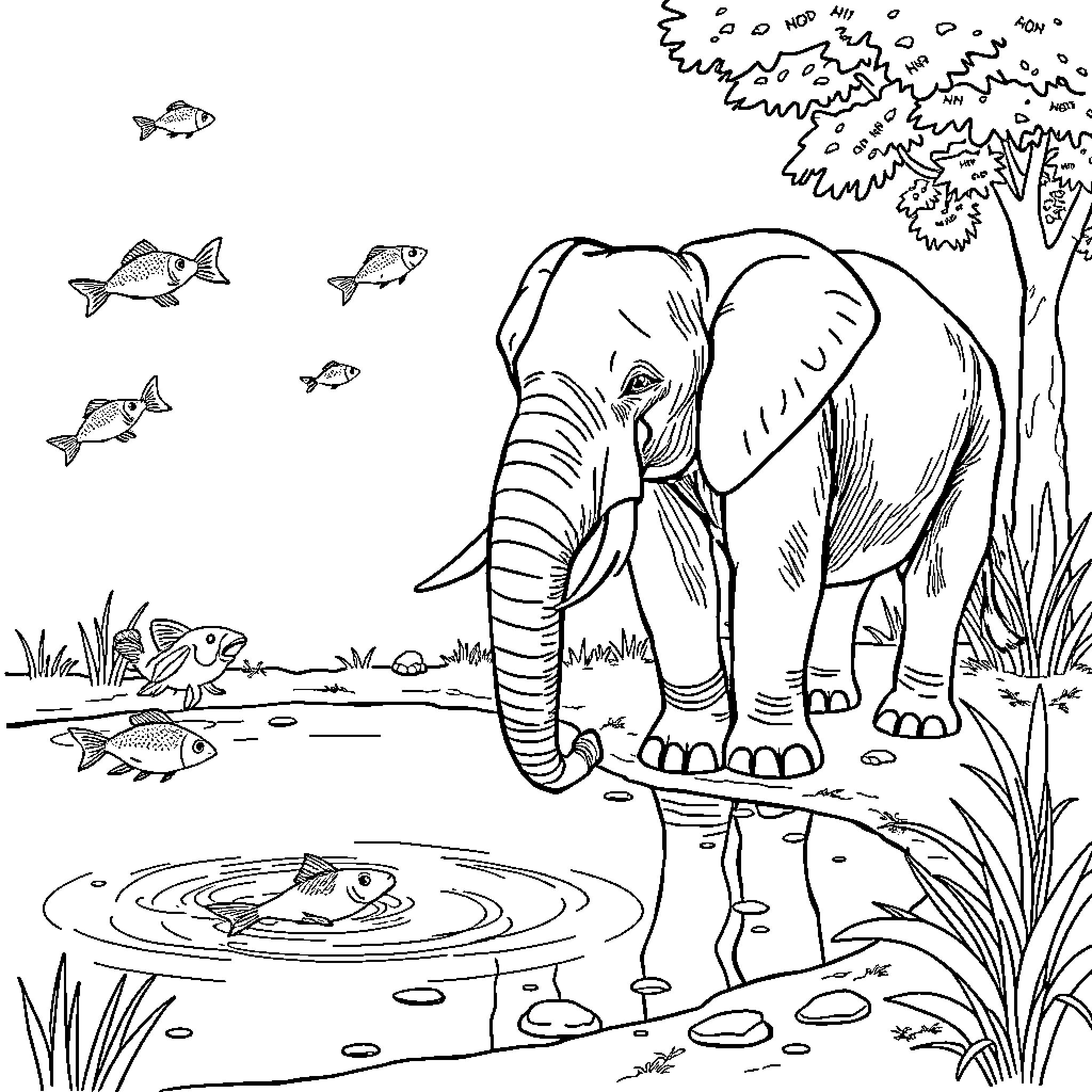 Elephant drinking from peaceful pond Coloring Page (free black-and-white line drawing printable PDF for all, from beginners to advanced learners, including children, teens, adults, and seniors)