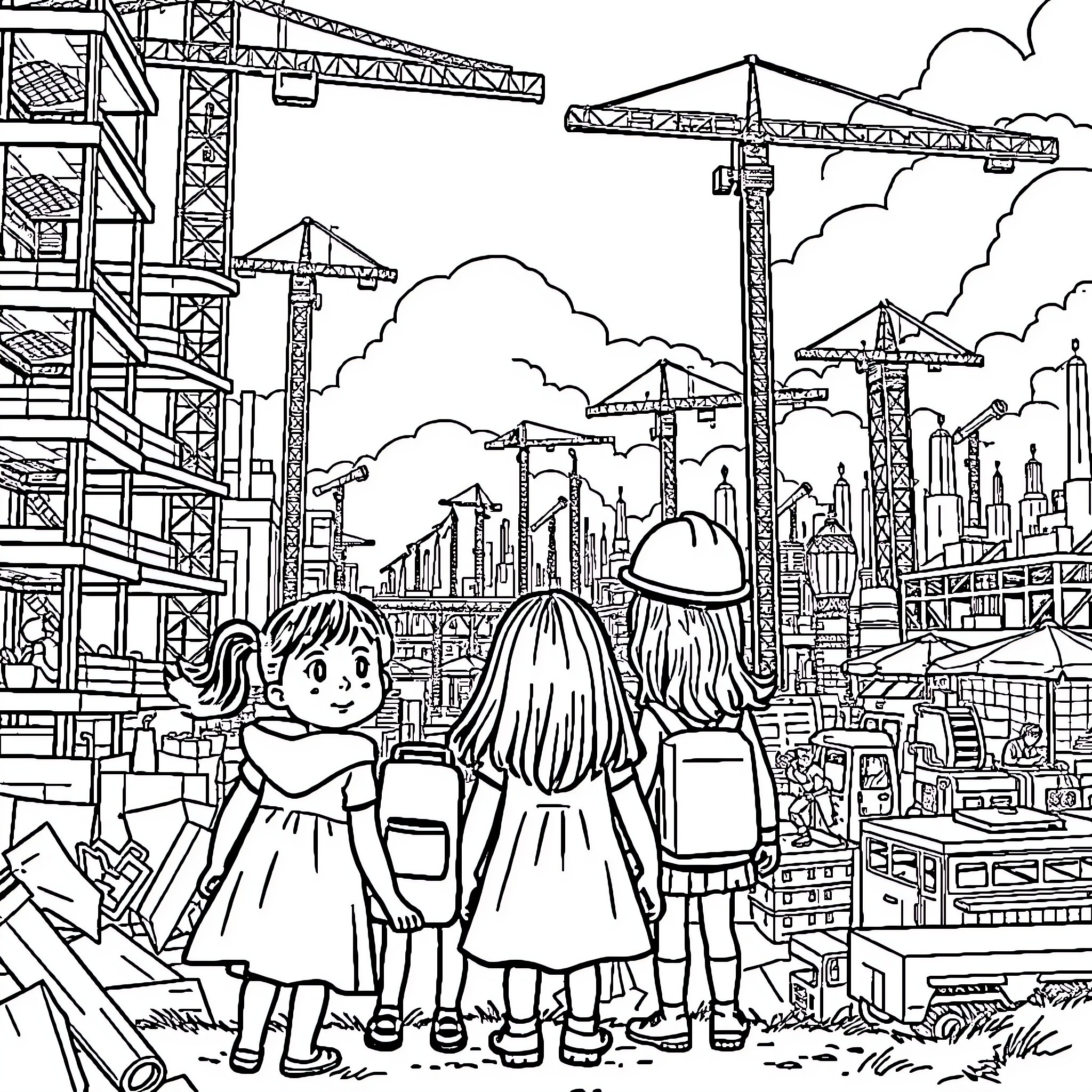 Girls Exploring the City Construction Site Coloring Page (free black-and-white line drawing printable PDF for all, from beginners to advanced learners, including children, teens, adults, and seniors)