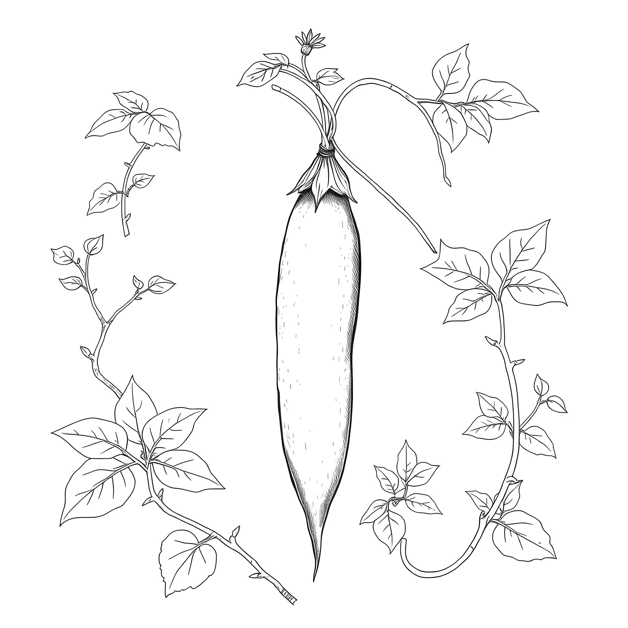 Trichosanthes Dioica with Leafy Vines and Flowers Coloring Page (free black-and-white line drawing printable PDF for all, from beginners to advanced learners, including children, teens, adults, and seniors)