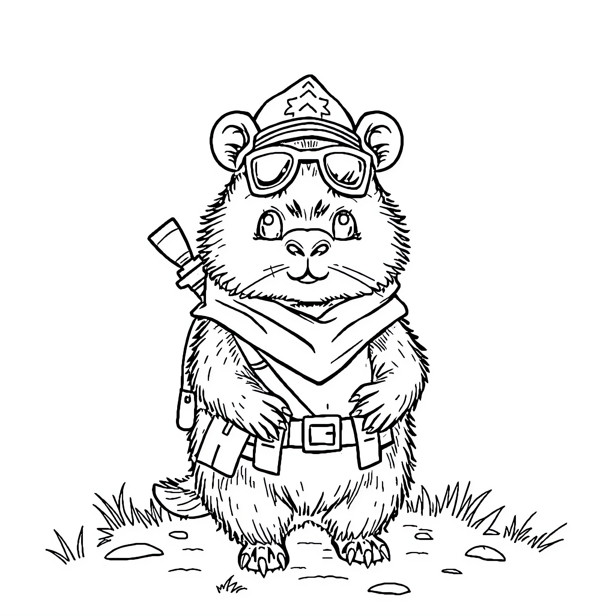 Capybara in cute forest ranger outfit Coloring Page (free black-and-white line drawing printable PDF for all, from beginners to advanced learners, including children, teens, adults, and seniors)