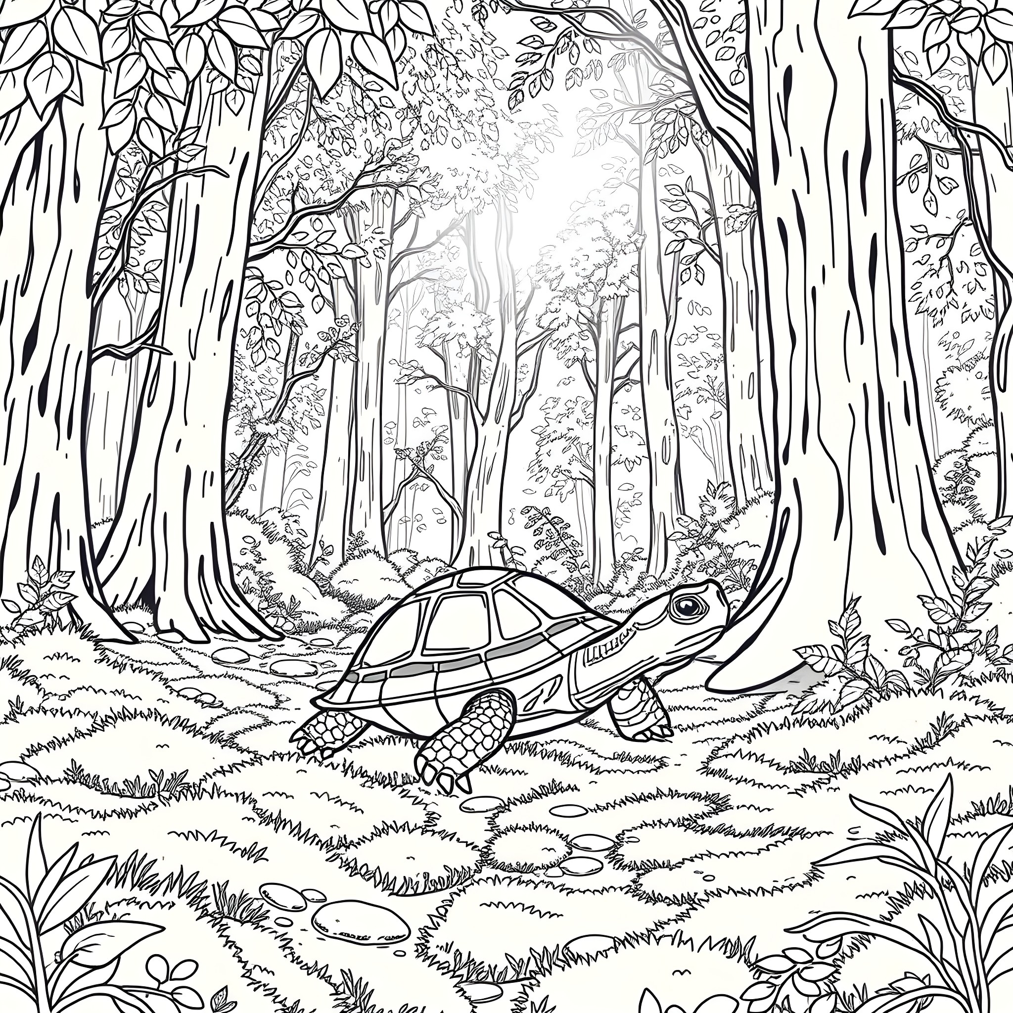 Turtle exploring the enchanted forest Coloring Page (free black-and-white line drawing printable PDF for all, from beginners to advanced learners, including children, teens, adults, and seniors)
