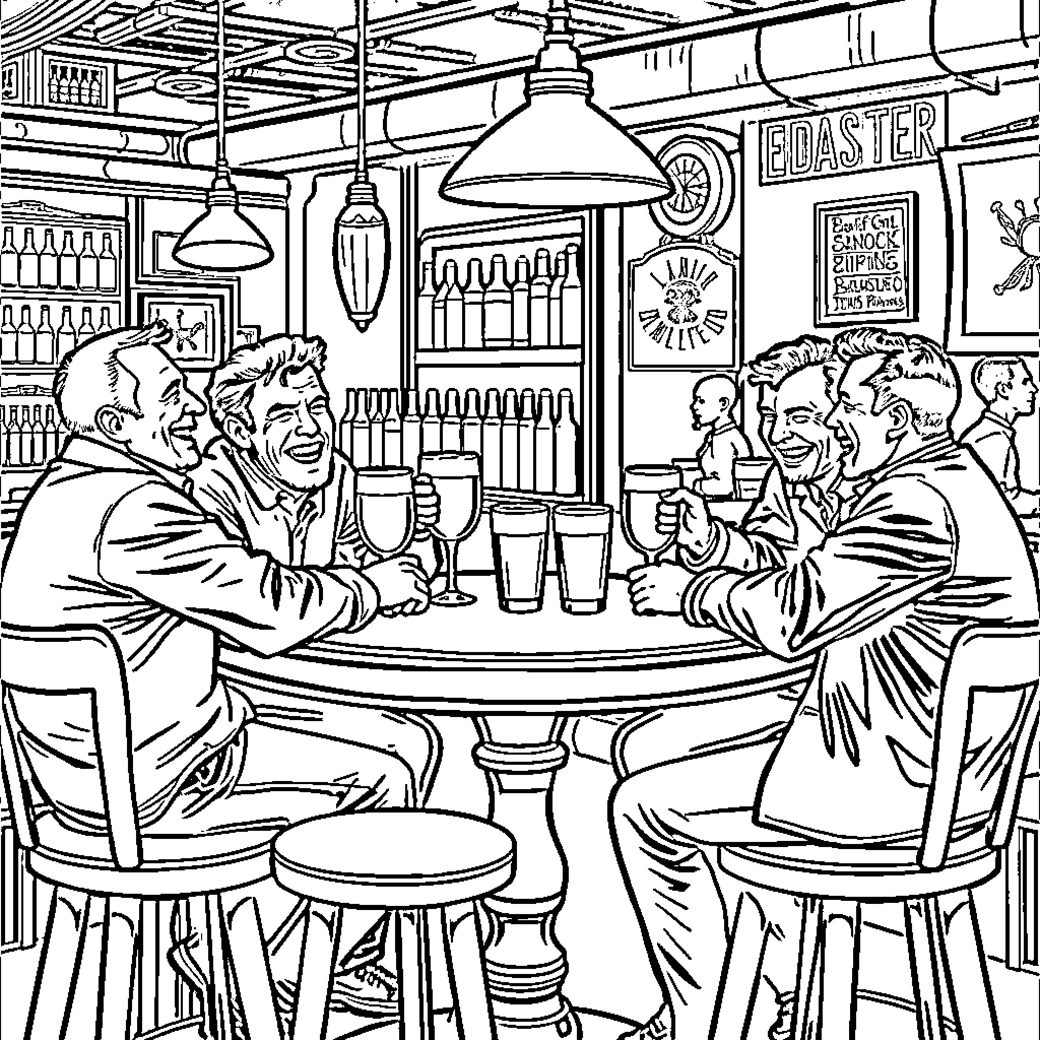 Homme enjoying drinks with friends in a lively bar Coloring Page (free black-and-white line drawing printable PDF for all, from beginners to advanced learners, including children, teens, adults, and seniors)