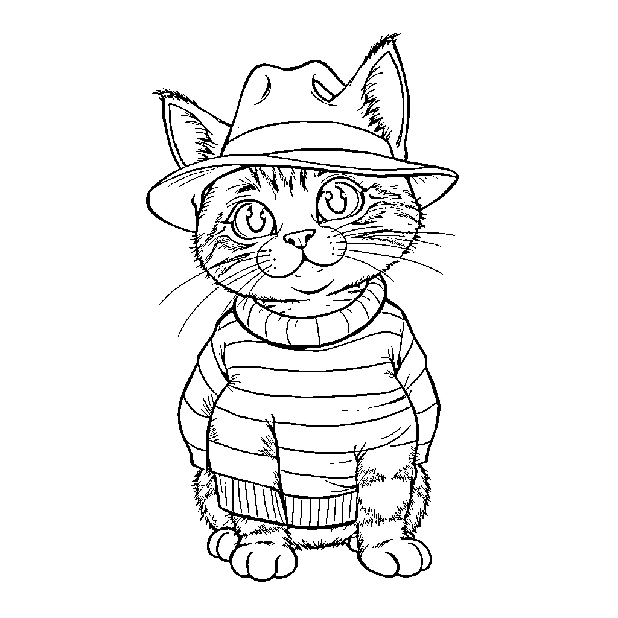 Gabby Cat Dressed in Cowboy Attire Coloring Page (free black-and-white line drawing printable PDF for all, from beginners to advanced learners, including children, teens, adults, and seniors)