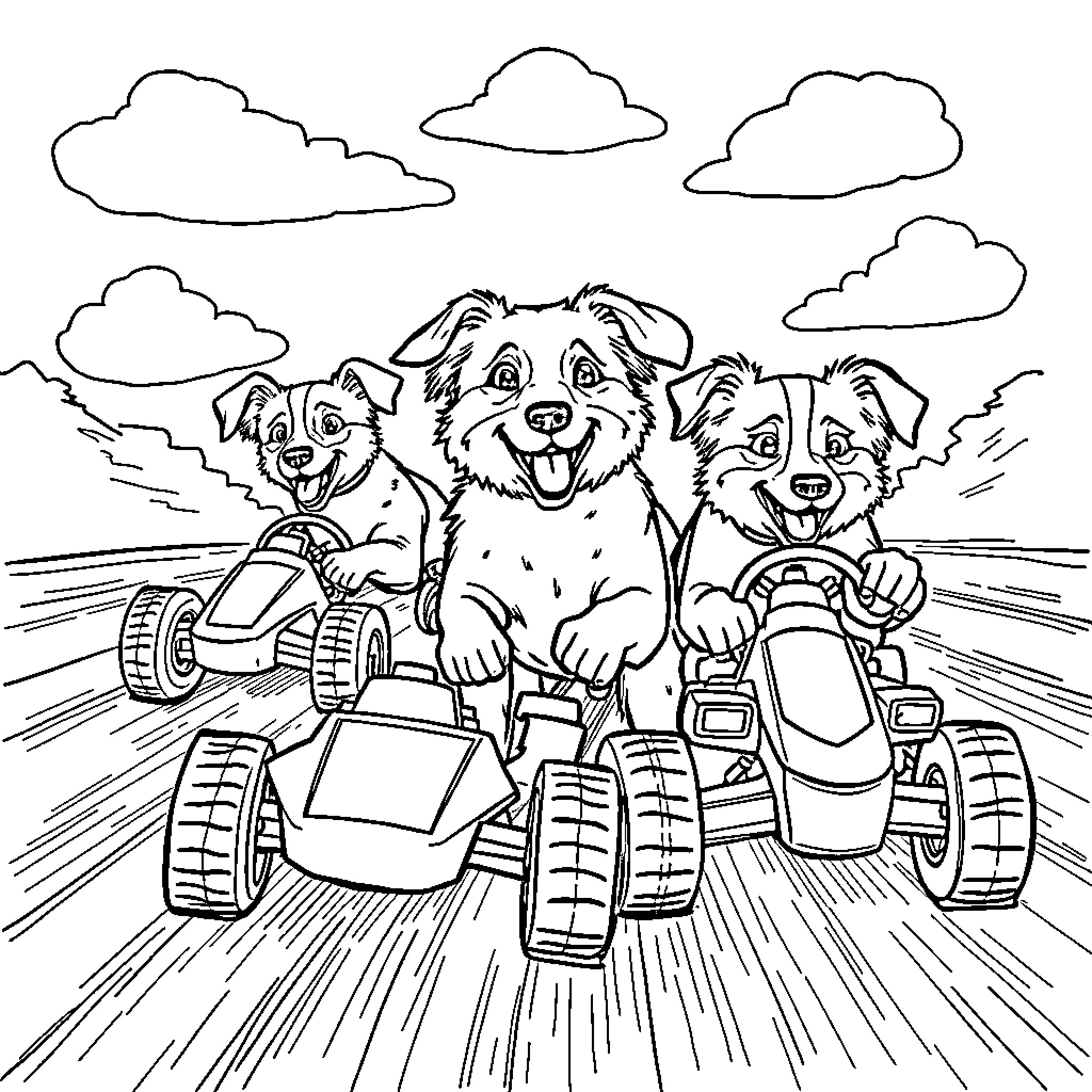Dogs riding ATVs on rugged terrain Coloring Page (free black-and-white line drawing printable PDF for all, from beginners to advanced learners, including children, teens, adults, and seniors)