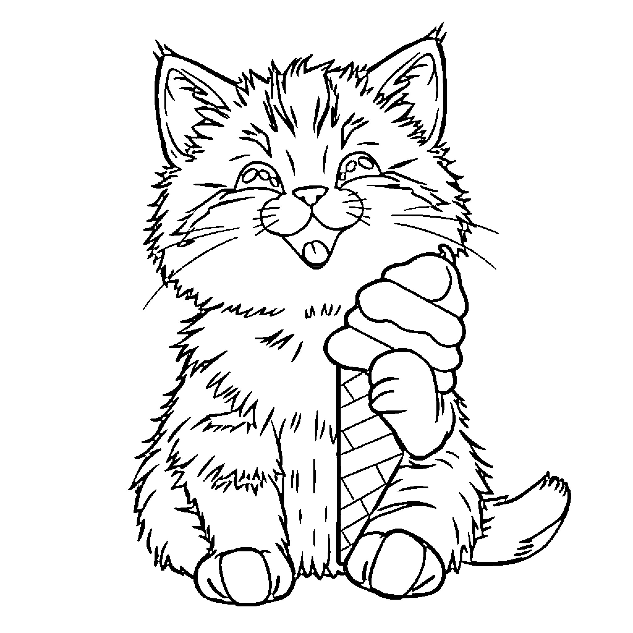 Cat enjoying an ice cream cone Coloring Page (free black-and-white line drawing printable PDF for all, from beginners to advanced learners, including children, teens, adults, and seniors)