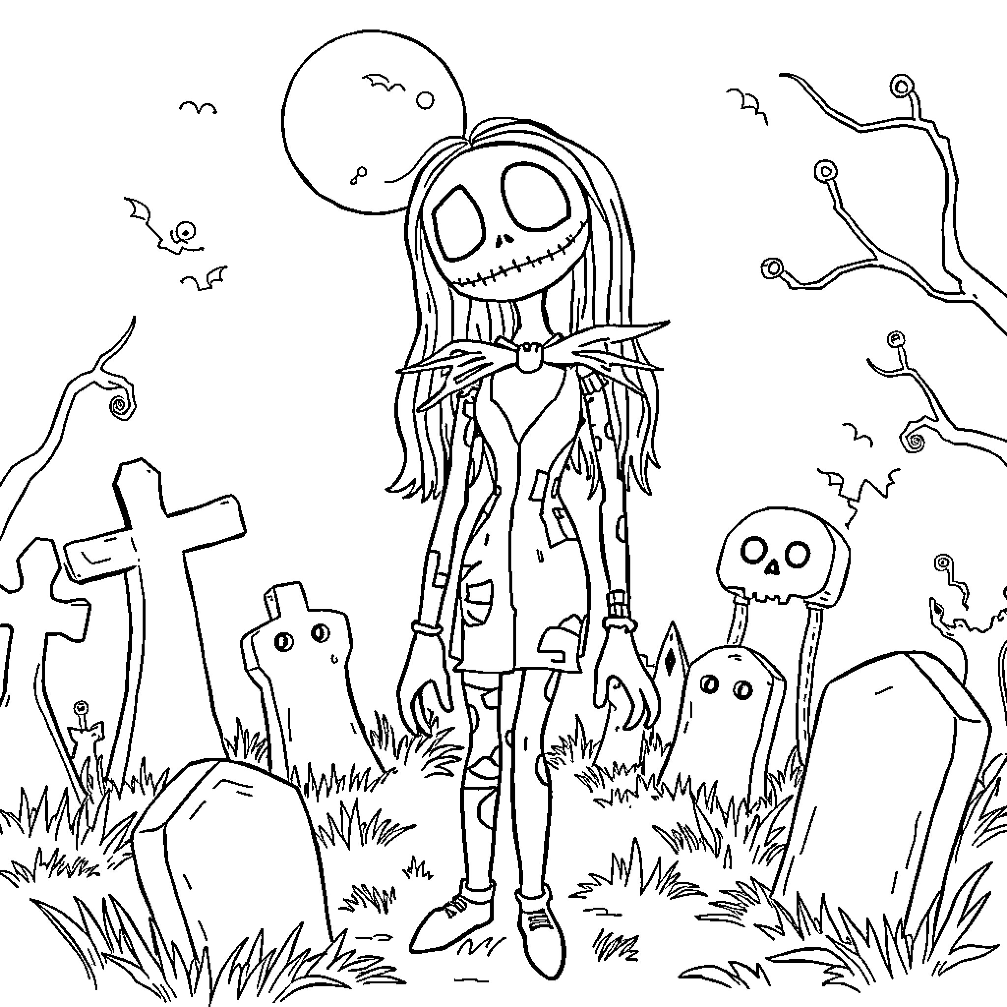 Sally strolls through the eerie graveyard surrounded by ghosts Coloring Page (free black-and-white line drawing printable PDF for all, from beginners to advanced learners, including children, teens, adults, and seniors)