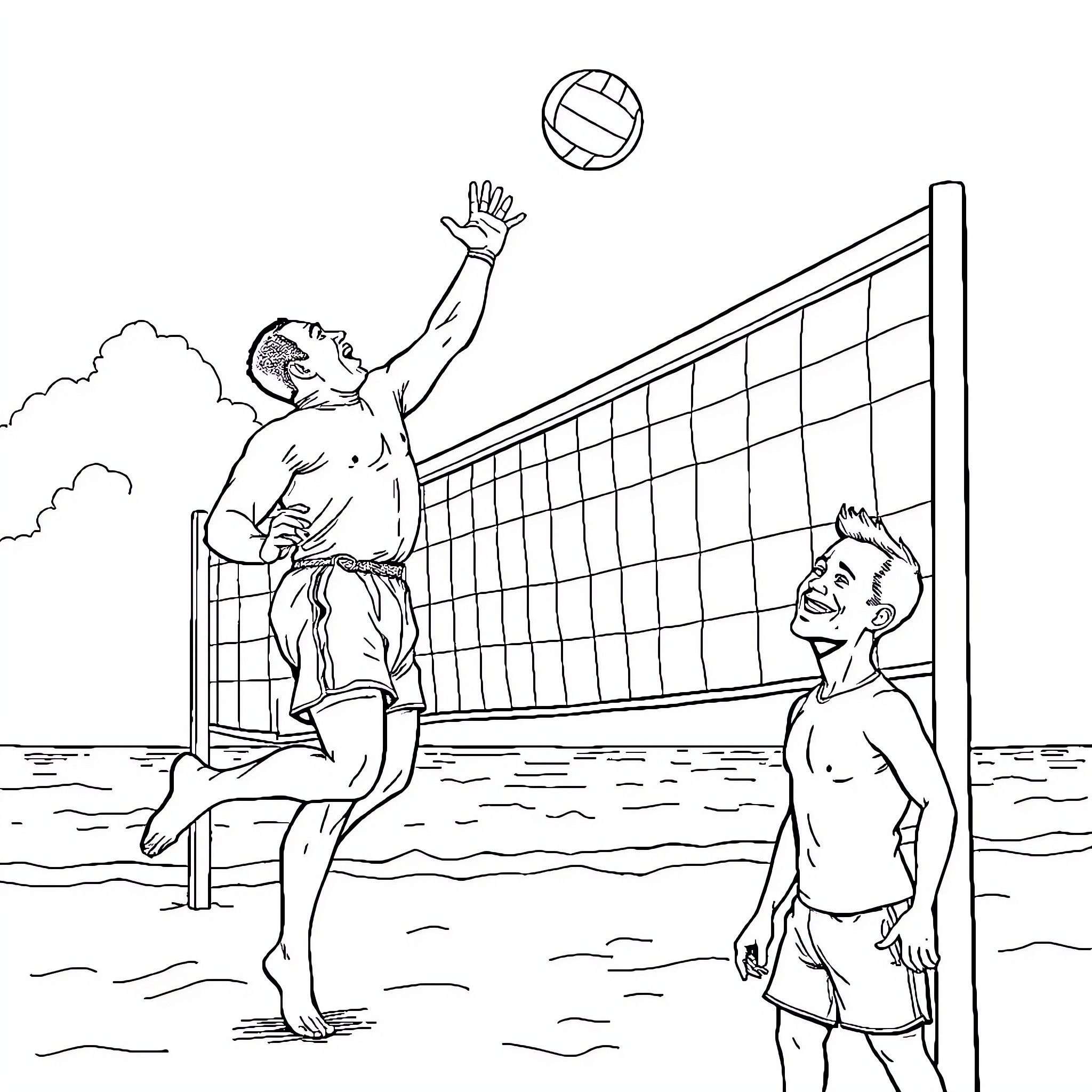 Mike Tyson Enjoying Friendly Beach Volleyball Game Coloring Page (free black-and-white line drawing printable PDF for all, from beginners to advanced learners, including children, teens, adults, and seniors)