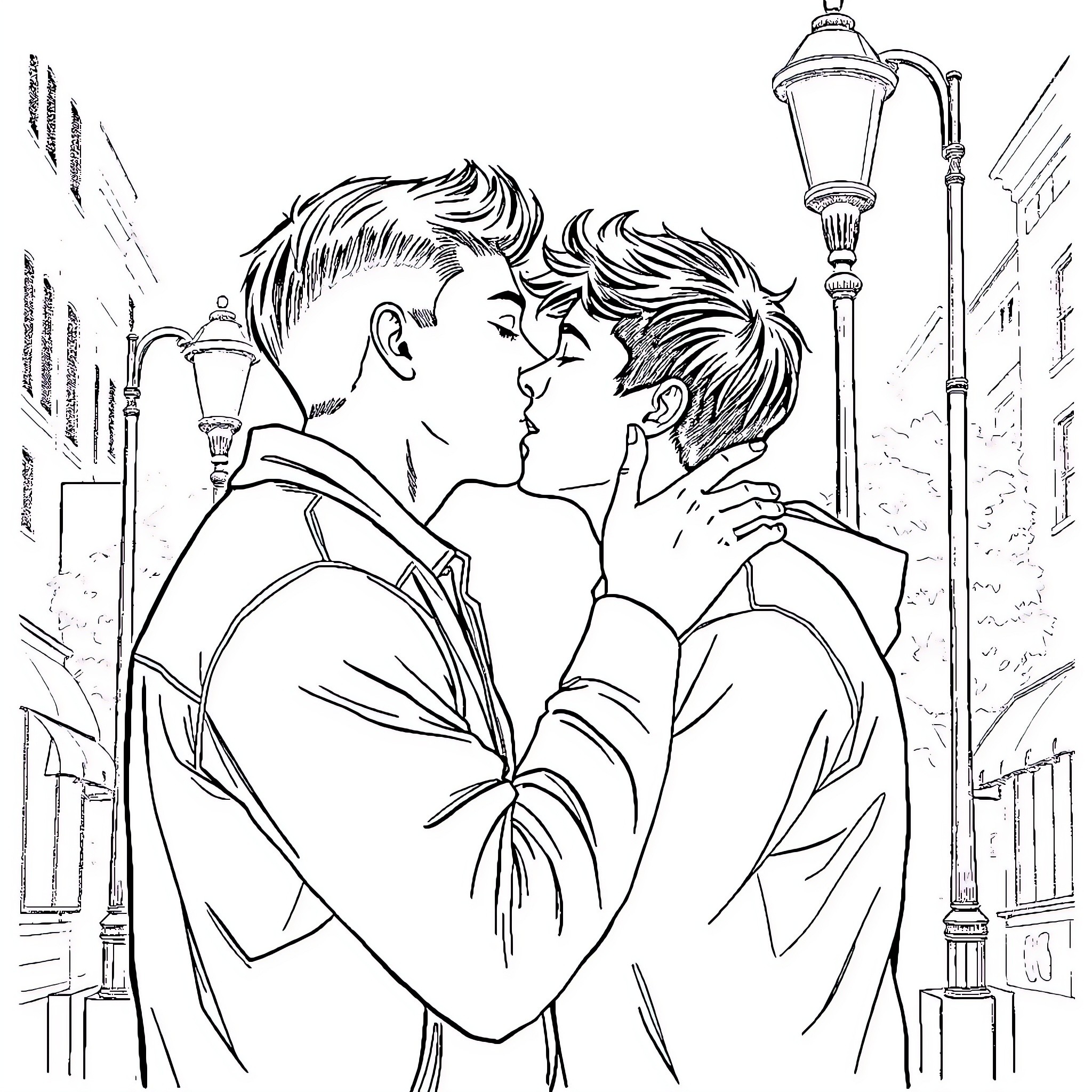 Man intimately embracing another man on city street Coloring Page (free black-and-white line drawing printable PDF for all, from beginners to advanced learners, including children, teens, adults, and seniors)