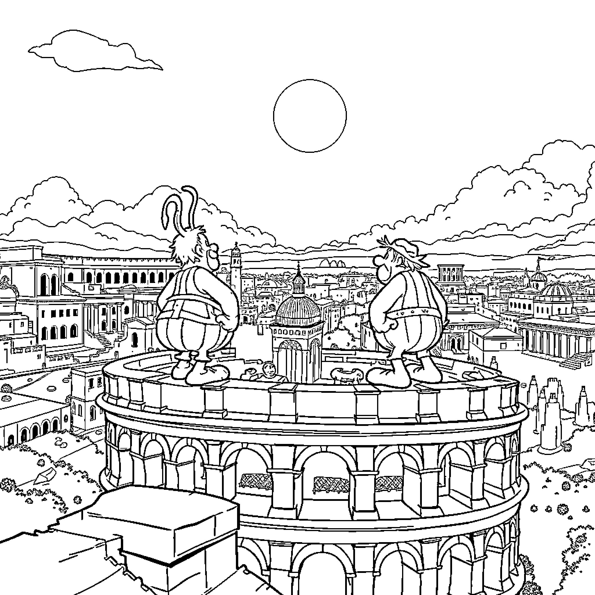 Asterix and Obelix overlooking a bustling ancient city Coloring Page (free black-and-white line drawing printable PDF for all, from beginners to advanced learners, including children, teens, adults, and seniors)