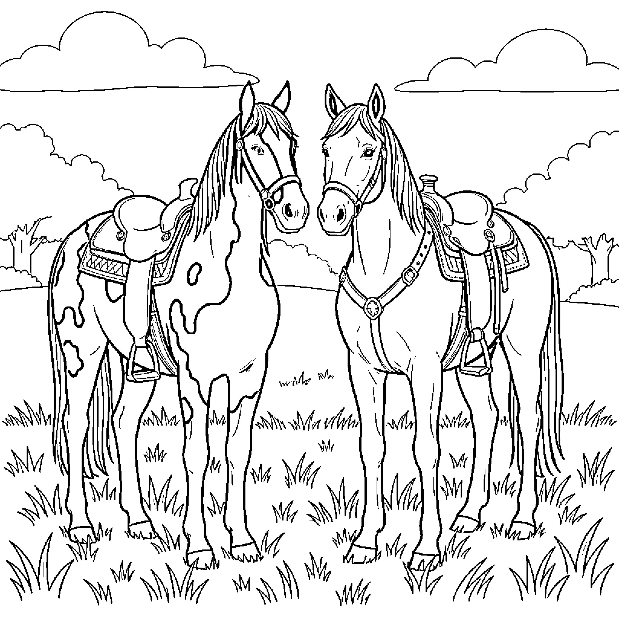 Horse pair standing saddled in a grassy field Coloring Page (free black-and-white line drawing printable PDF for all, from beginners to advanced learners, including children, teens, adults, and seniors)