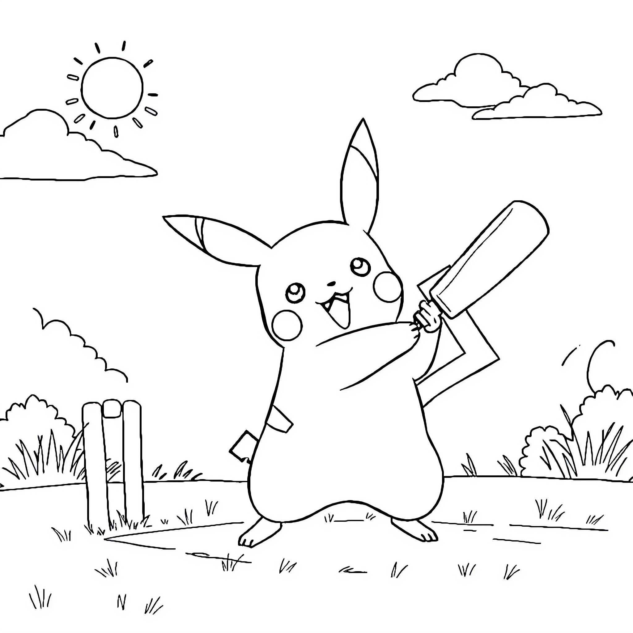 Pikachu playing baseball in the park Coloring Page (free black-and-white line drawing printable PDF for all, from beginners to advanced learners, including children, teens, adults, and seniors)