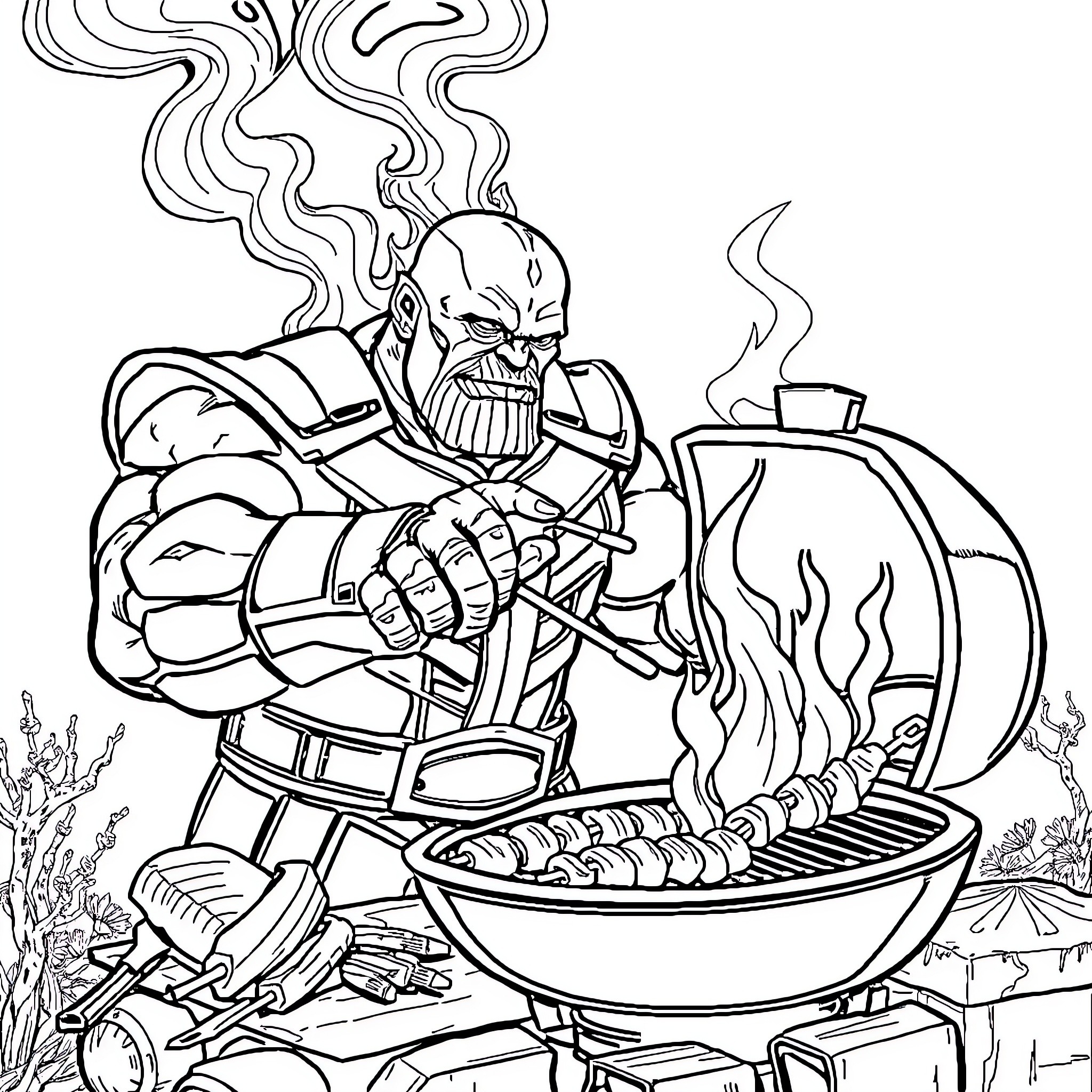 Thanos grilling and cooking on a barbecue Coloring Page (free black-and-white line drawing printable PDF for all, from beginners to advanced learners, including children, teens, adults, and seniors)