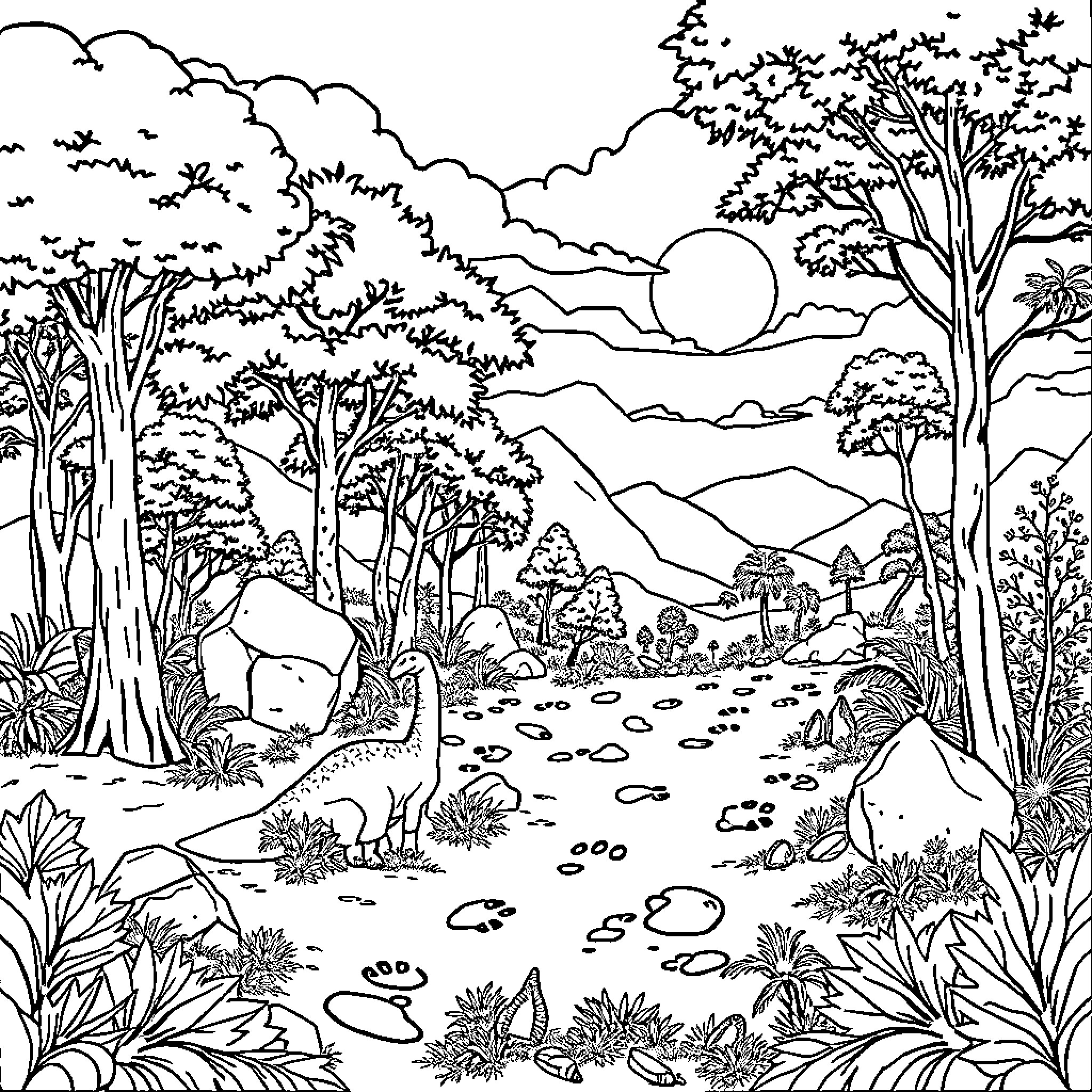 Dinosaur Roaming in the Lush Forest Landscape Coloring Page (free black-and-white line drawing printable PDF for all, from beginners to advanced learners, including children, teens, adults, and seniors)