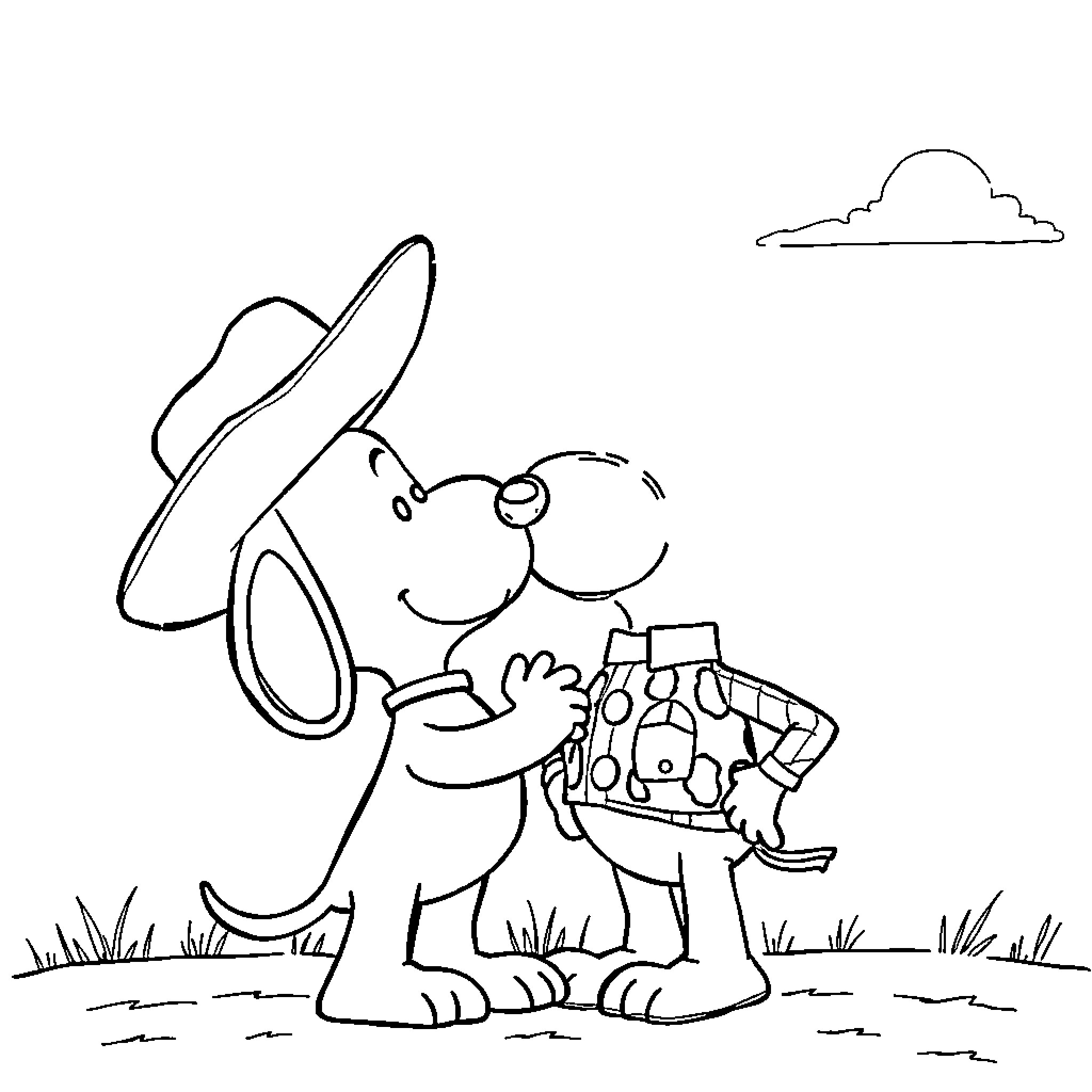 Snoopy playing with his dog house Coloring Page (free black-and-white line drawing printable PDF for all, from beginners to advanced learners, including children, teens, adults, and seniors)