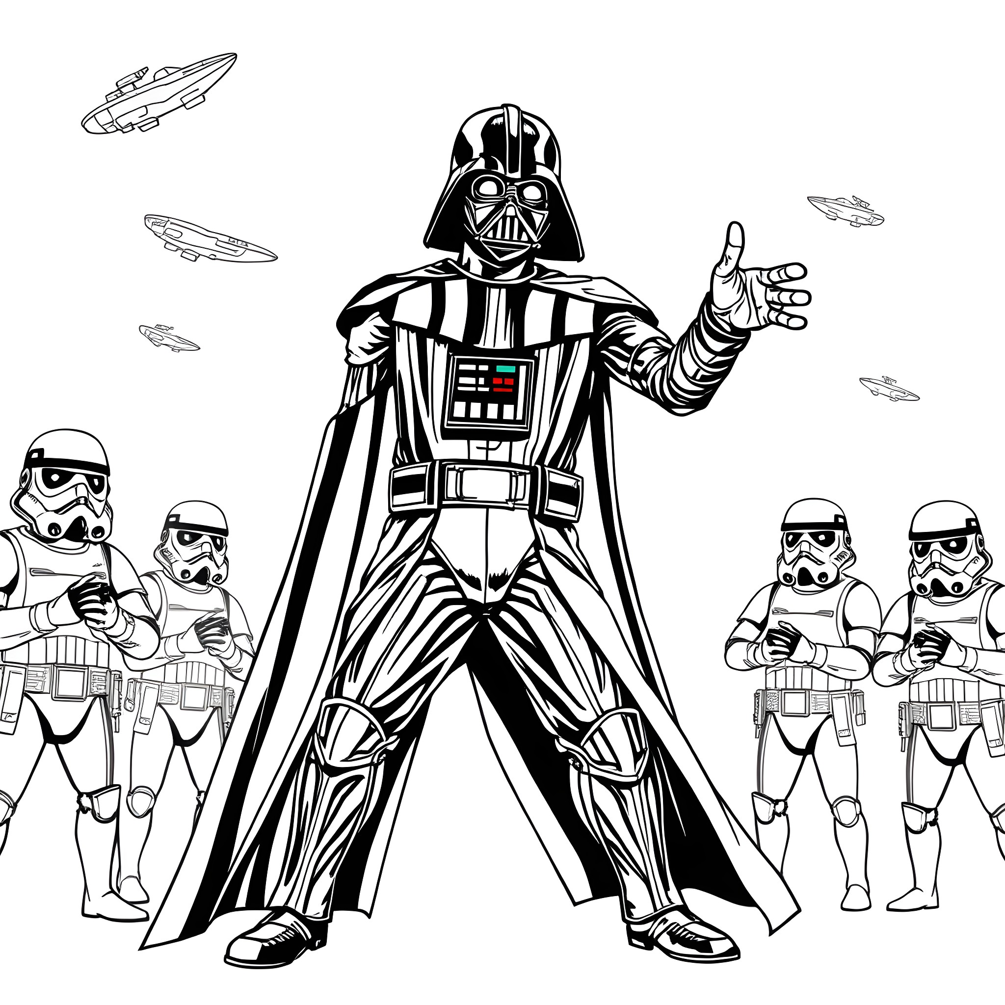 Darth Vader and Stormtroopers in Star Wars Scene Coloring Page (free black-and-white line drawing printable PDF for all, from beginners to advanced learners, including children, teens, adults, and seniors)