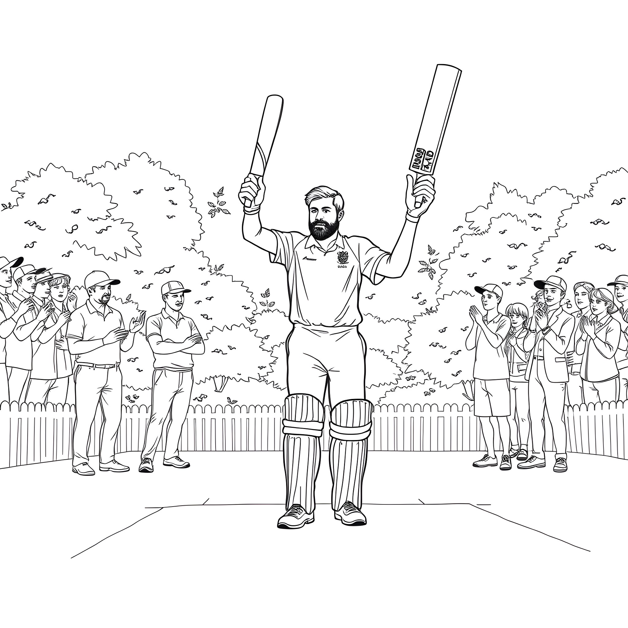 Brian Wilson celebrating cricket victory with teammates Coloring Page (free black-and-white line drawing printable PDF for all, from beginners to advanced learners, including children, teens, adults, and seniors)