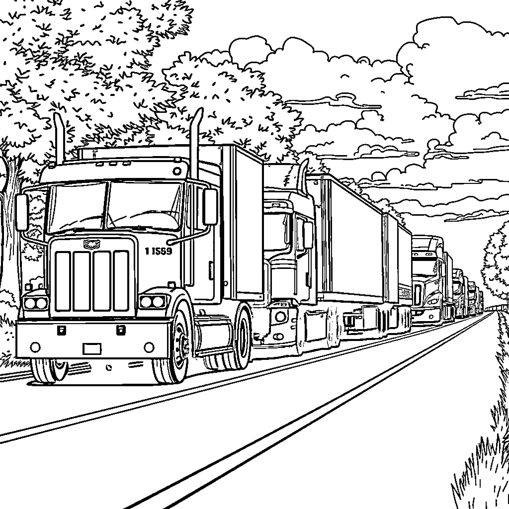 Truck convoy transporting goods through a scenic landscape Coloring Page (free black-and-white line drawing printable PDF for all, from beginners to advanced learners, including children, teens, adults, and seniors)
