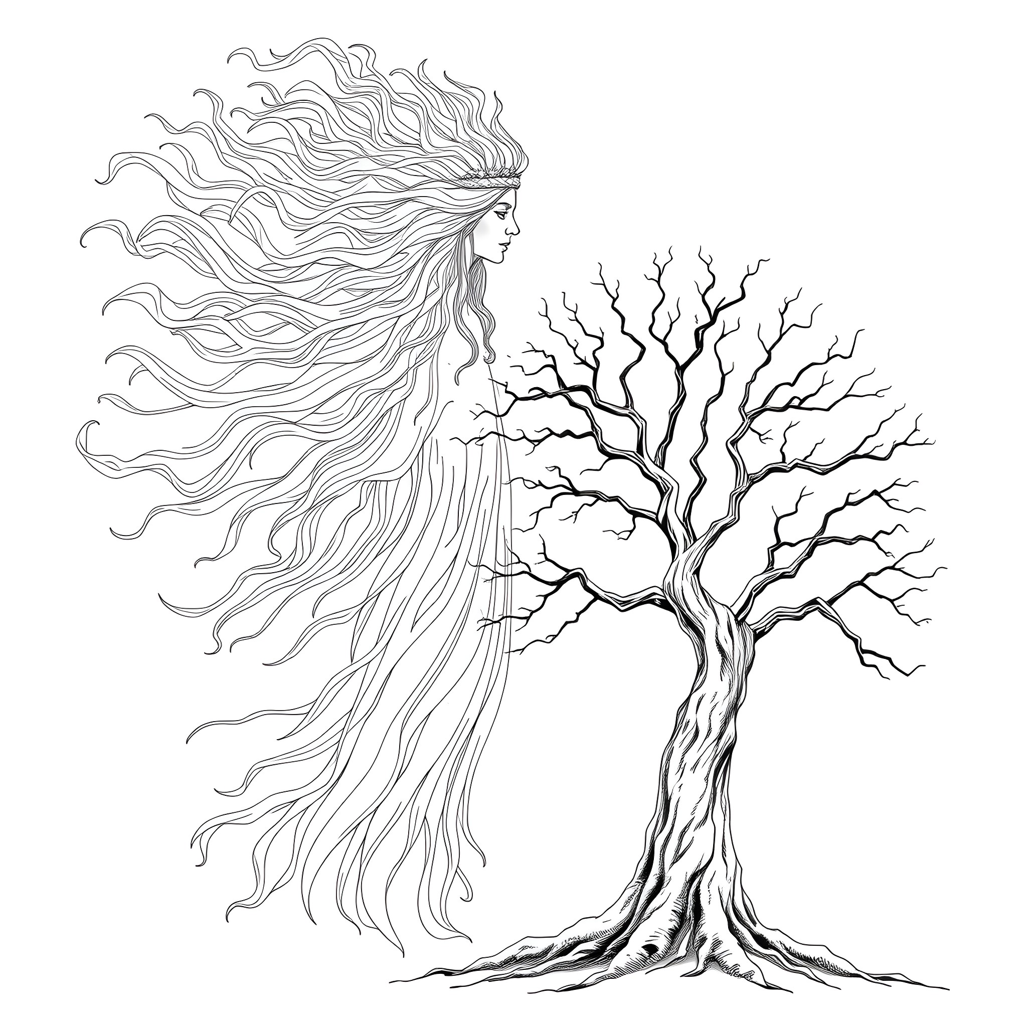Great Spirit of the Enchanted Forest Coloring Page (free black-and-white line drawing printable PDF for all, from beginners to advanced learners, including children, teens, adults, and seniors)