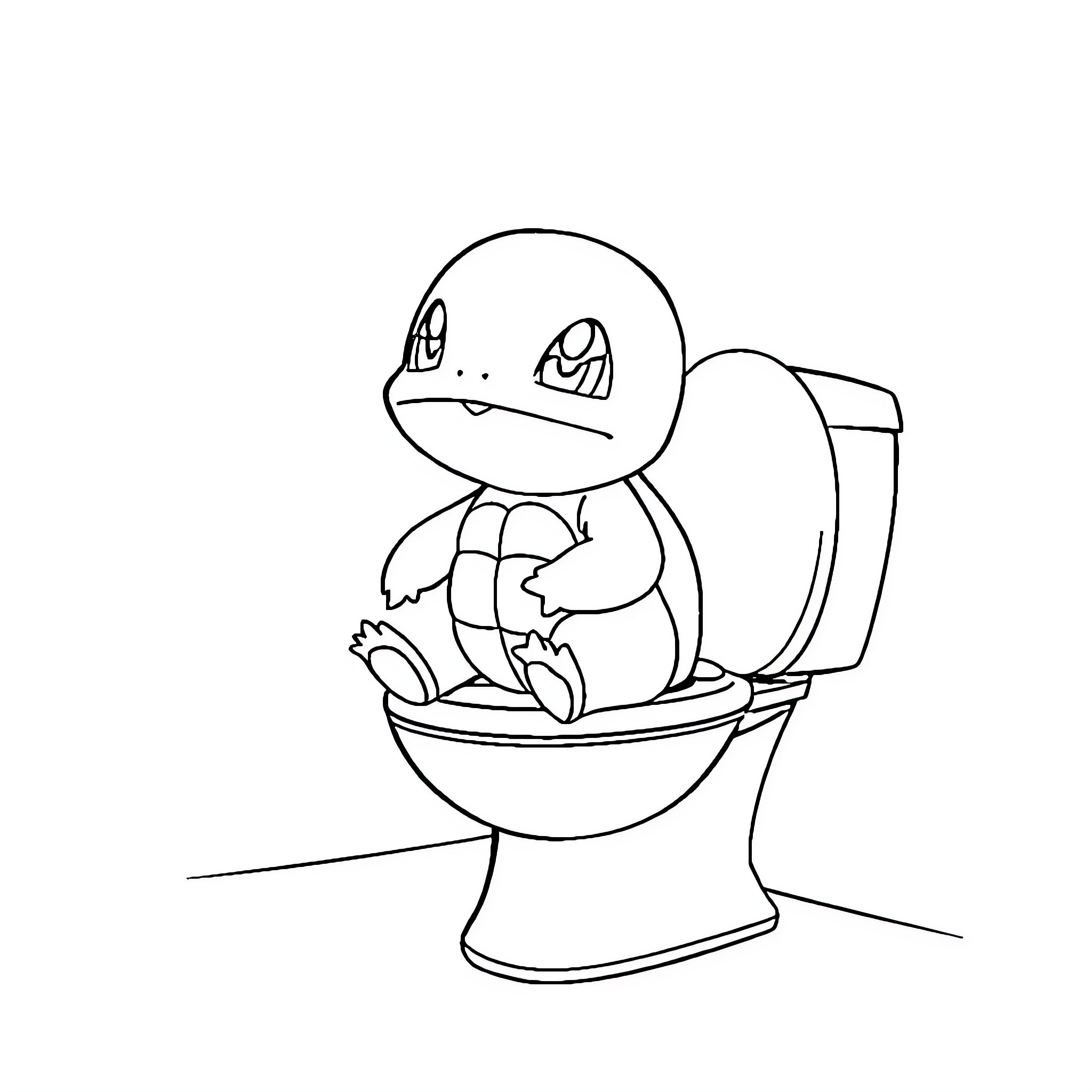 Squirtle relaxing on the toilet Coloring Page (free black-and-white line drawing printable PDF for all, from beginners to advanced learners, including children, teens, adults, and seniors)