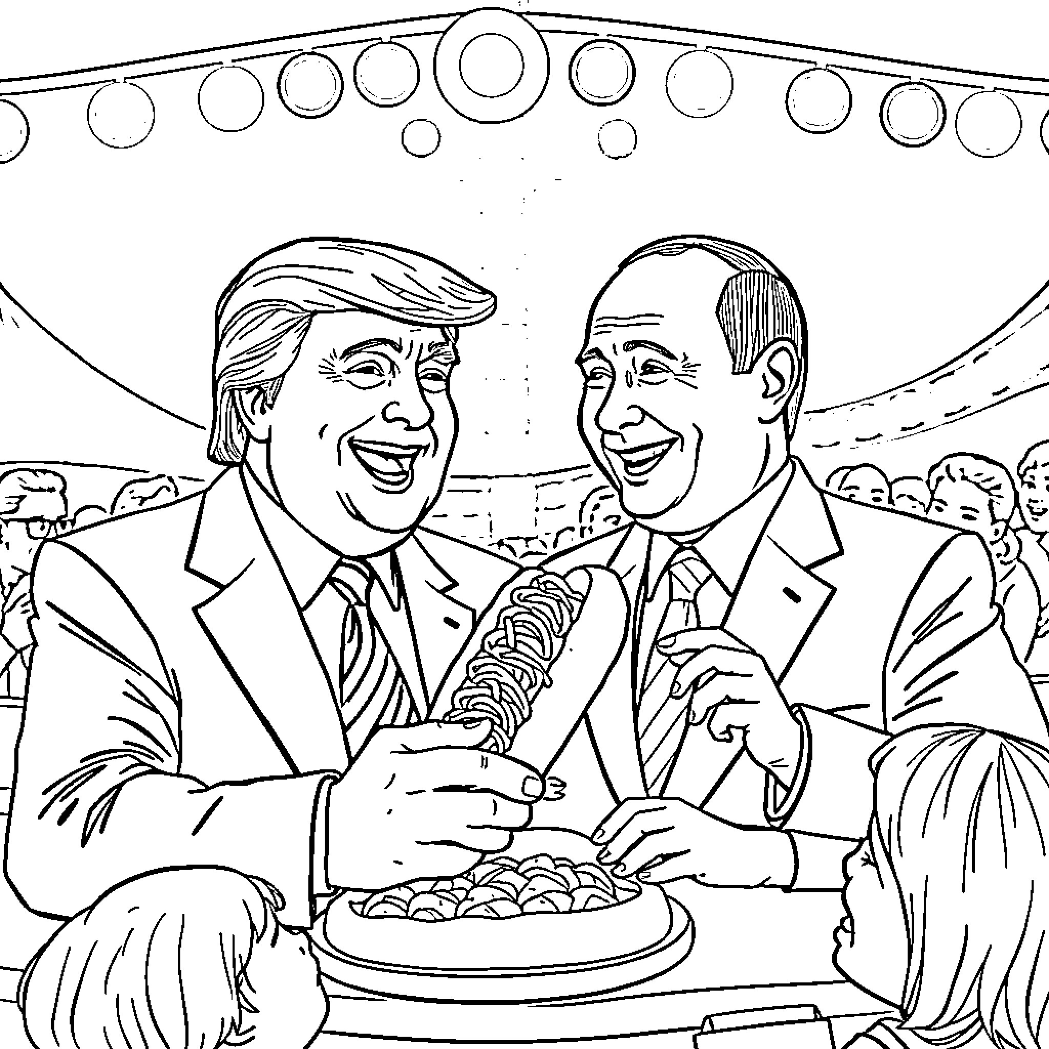 Donald Trump and Political Rival Celebrating Together Coloring Page (free black-and-white line drawing printable PDF for all, from beginners to advanced learners, including children, teens, adults, and seniors)