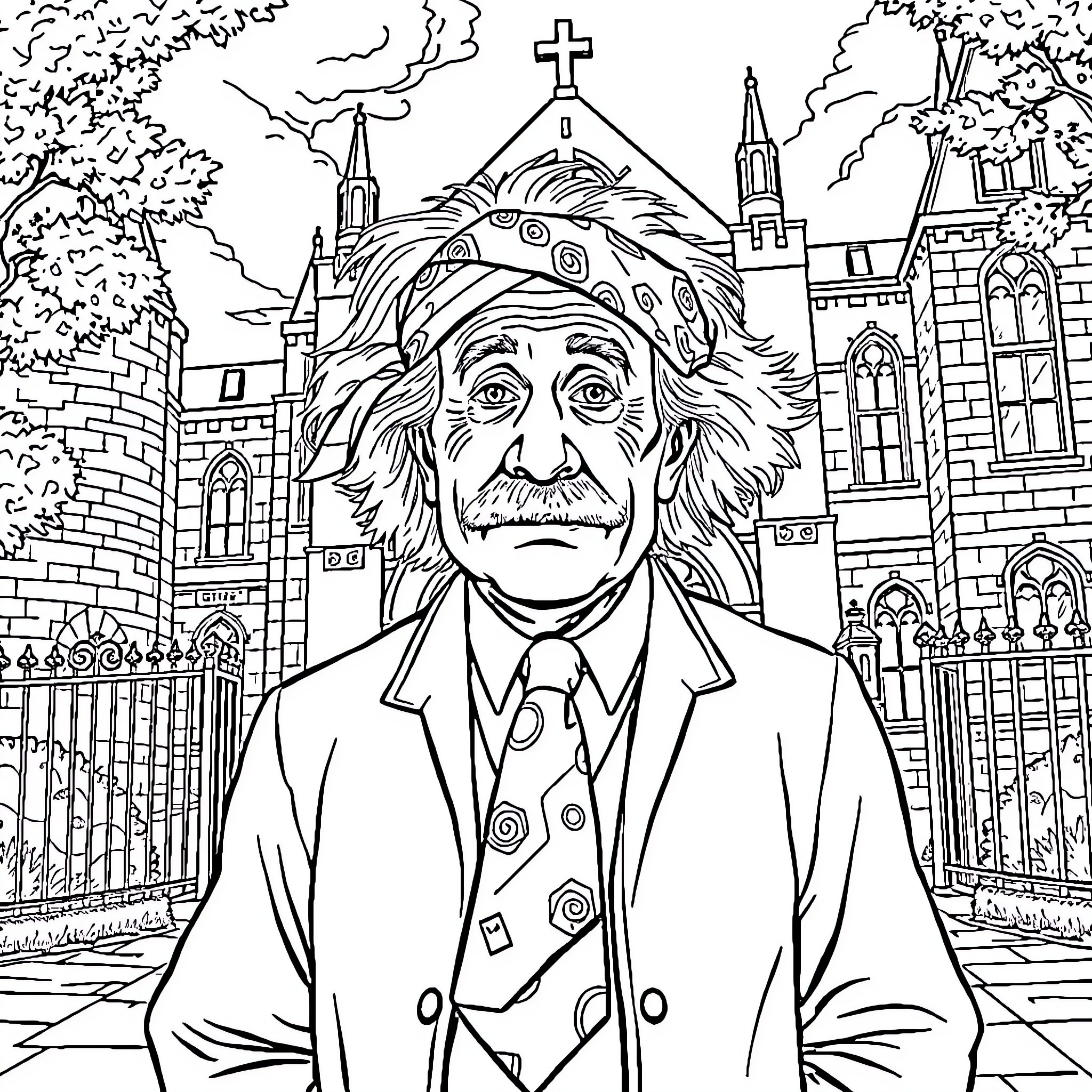 Einstein lost in thought in a historic city Coloring Page (free black-and-white line drawing printable PDF for all, from beginners to advanced learners, including children, teens, adults, and seniors)