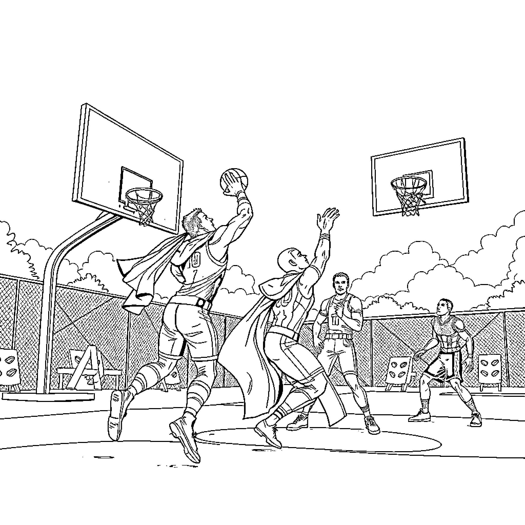 Avenger basketball players in action on the court Coloring Page (free black-and-white line drawing printable PDF for all, from beginners to advanced learners, including children, teens, adults, and seniors)