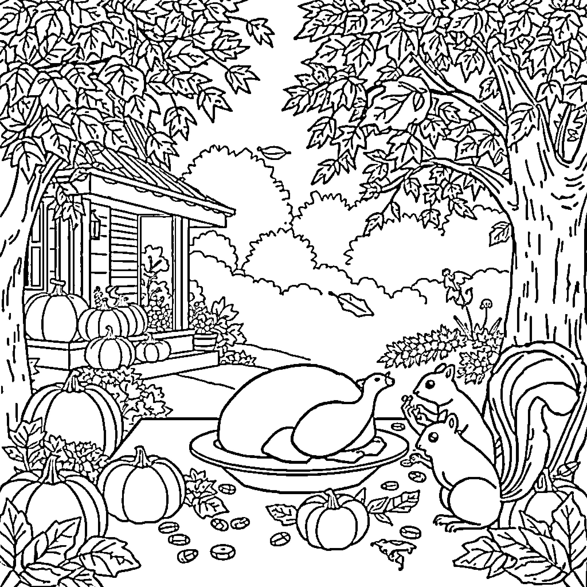 Autumn scene with woodland creatures and cabin Coloring Page (free black-and-white line drawing printable PDF for all, from beginners to advanced learners, including children, teens, adults, and seniors)