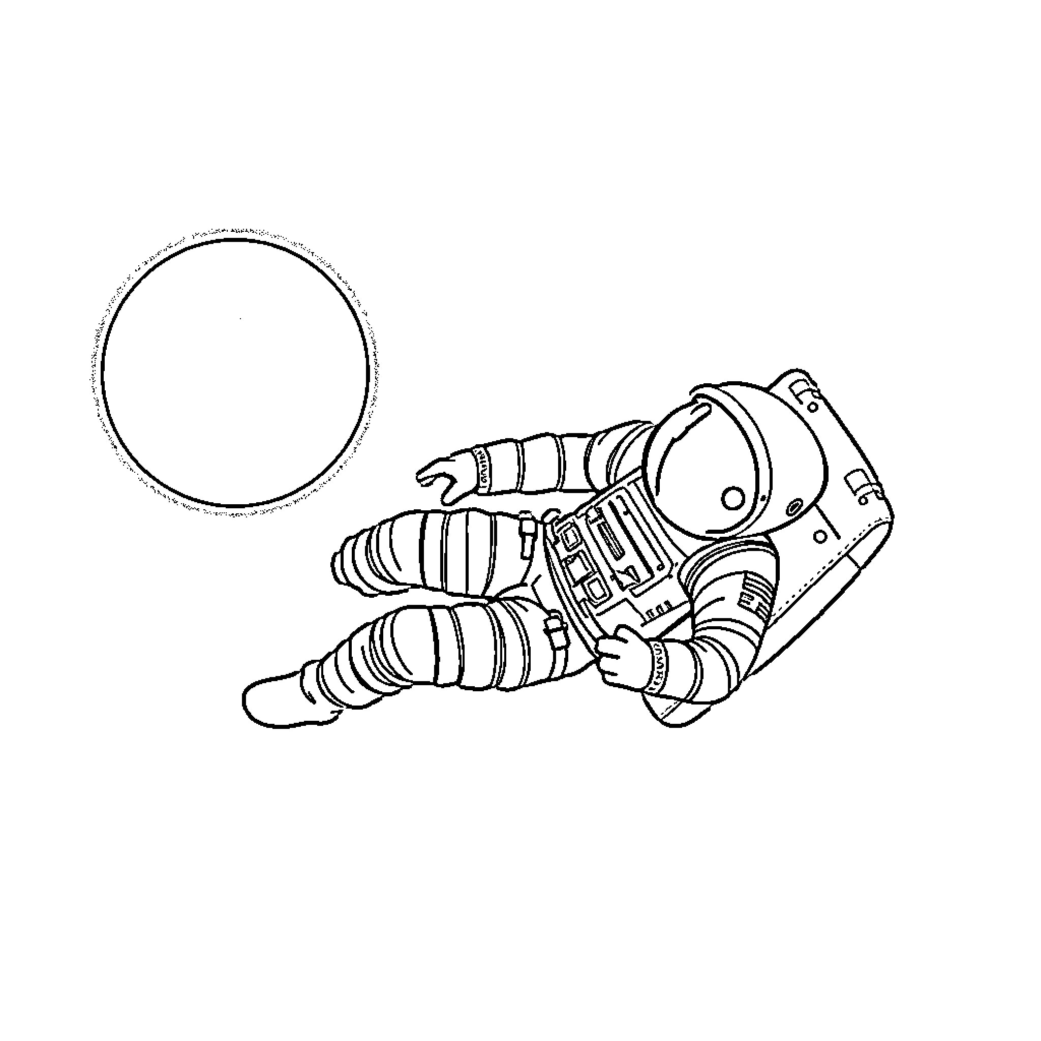 Astronaut floating in outer space Coloring Page (free black-and-white line drawing printable PDF for all, from beginners to advanced learners, including children, teens, adults, and seniors)