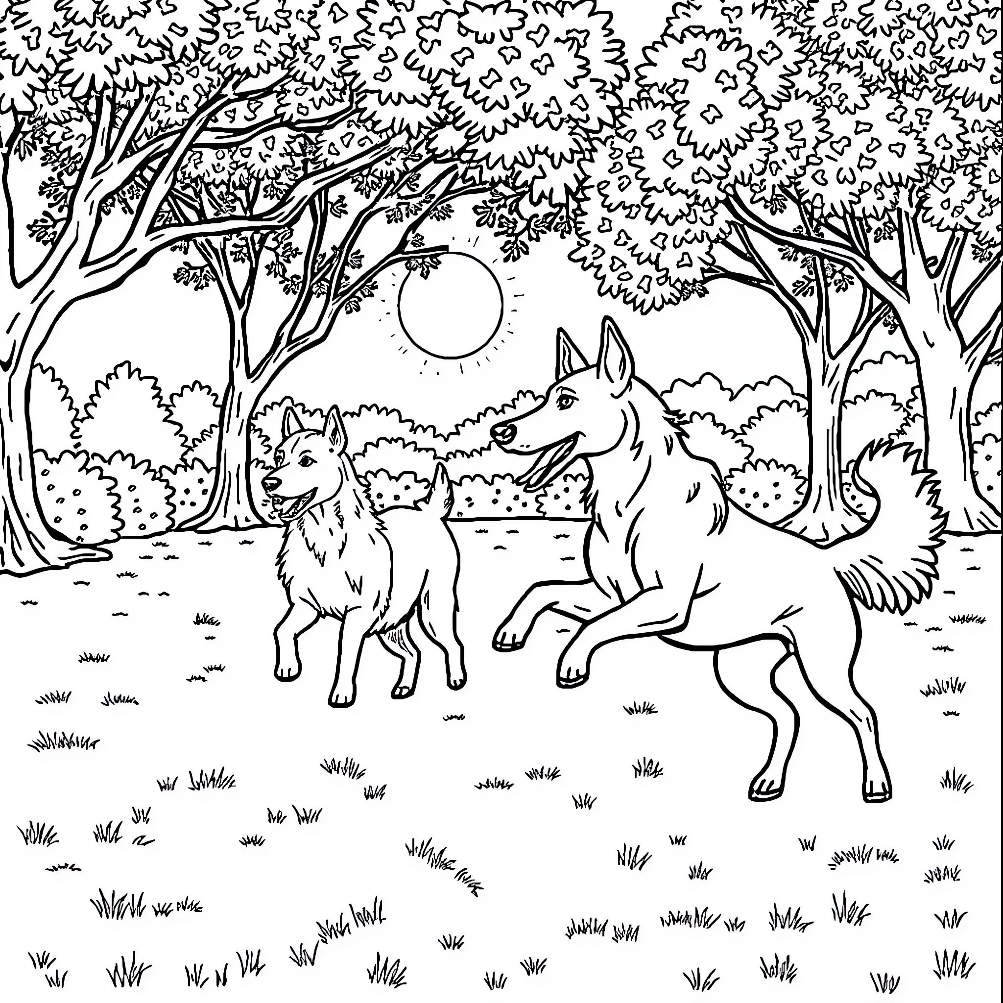 Dogs playing in the forest Coloring Page (free black-and-white line drawing printable PDF for all, from beginners to advanced learners, including children, teens, adults, and seniors)