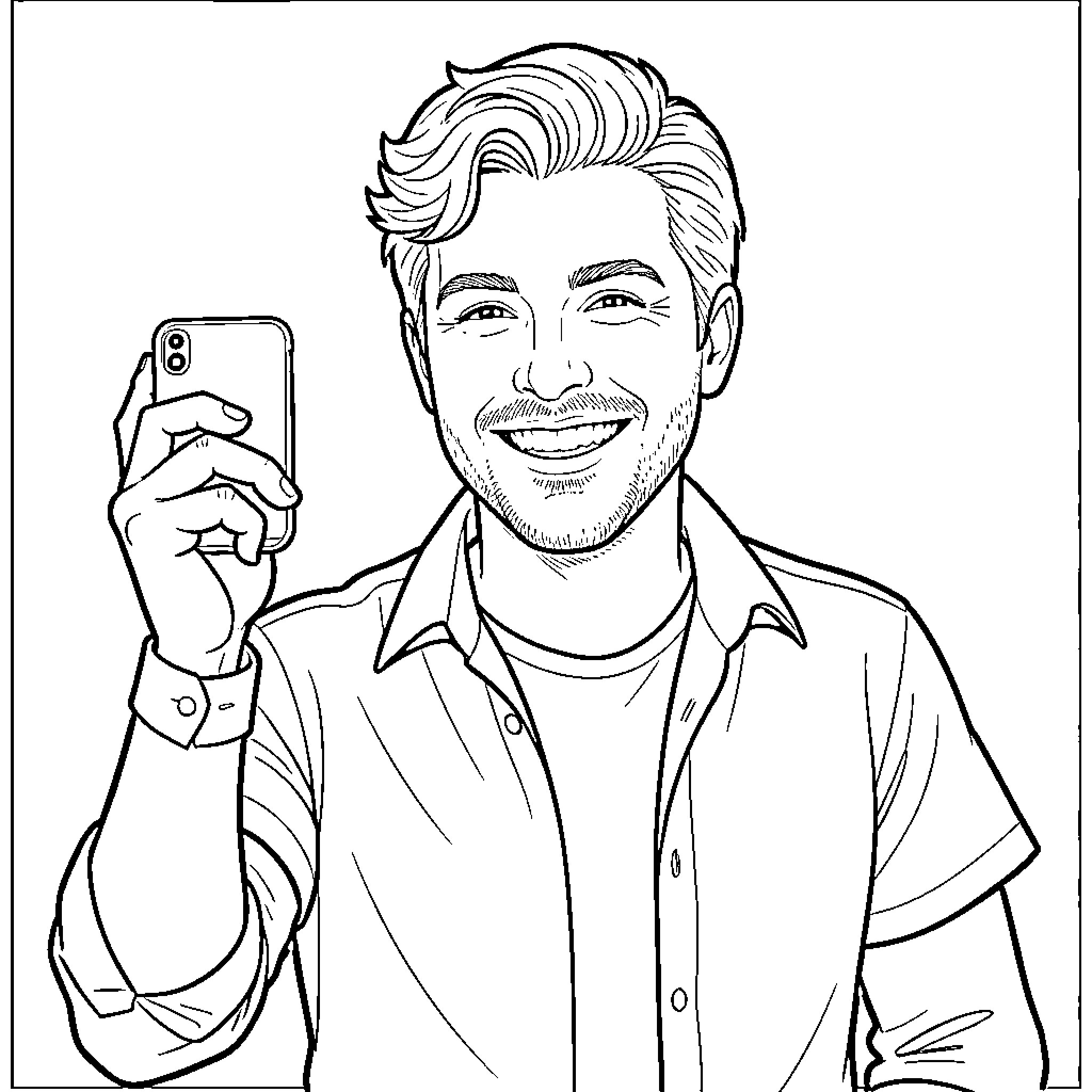 Mario Lopez taking a selfie with a smile Coloring Page (free black-and-white line drawing printable PDF for all, from beginners to advanced learners, including children, teens, adults, and seniors)