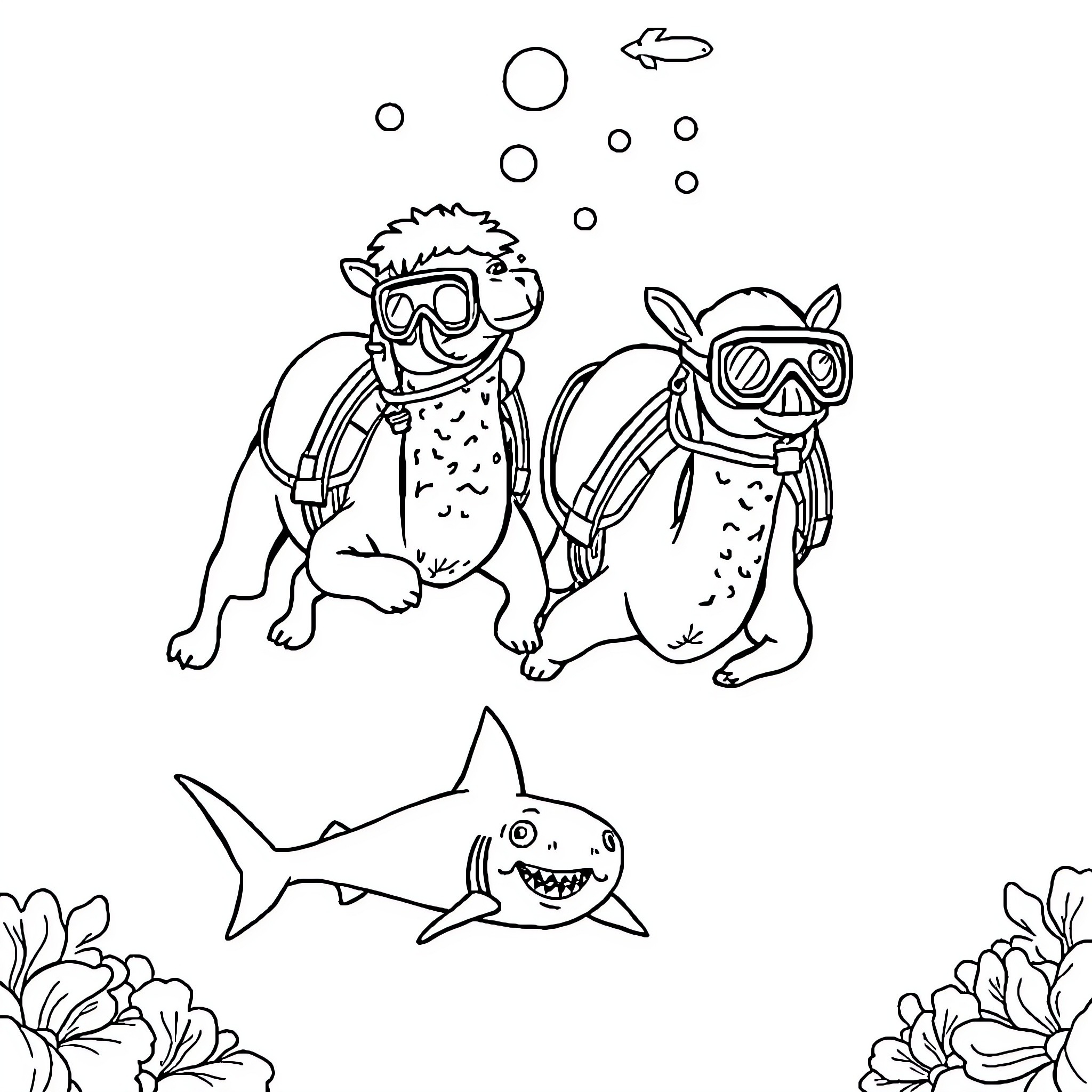 Camels snorkeling with friendly shark Coloring Page (free black-and-white line drawing printable PDF for all, from beginners to advanced learners, including children, teens, adults, and seniors)