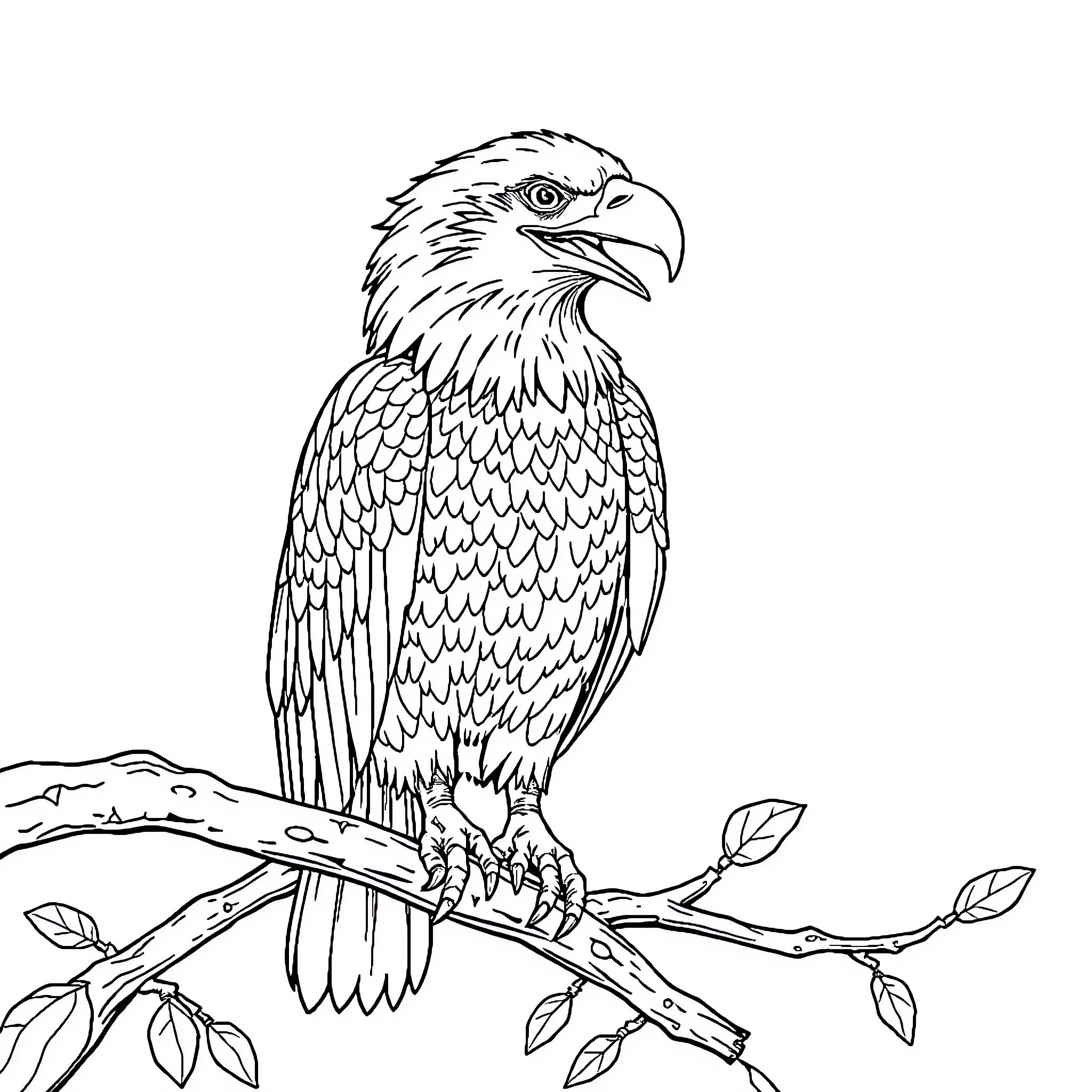 Eagle perched on branch, looking alert Coloring Page (free black-and-white line drawing printable PDF for all, from beginners to advanced learners, including children, teens, adults, and seniors)