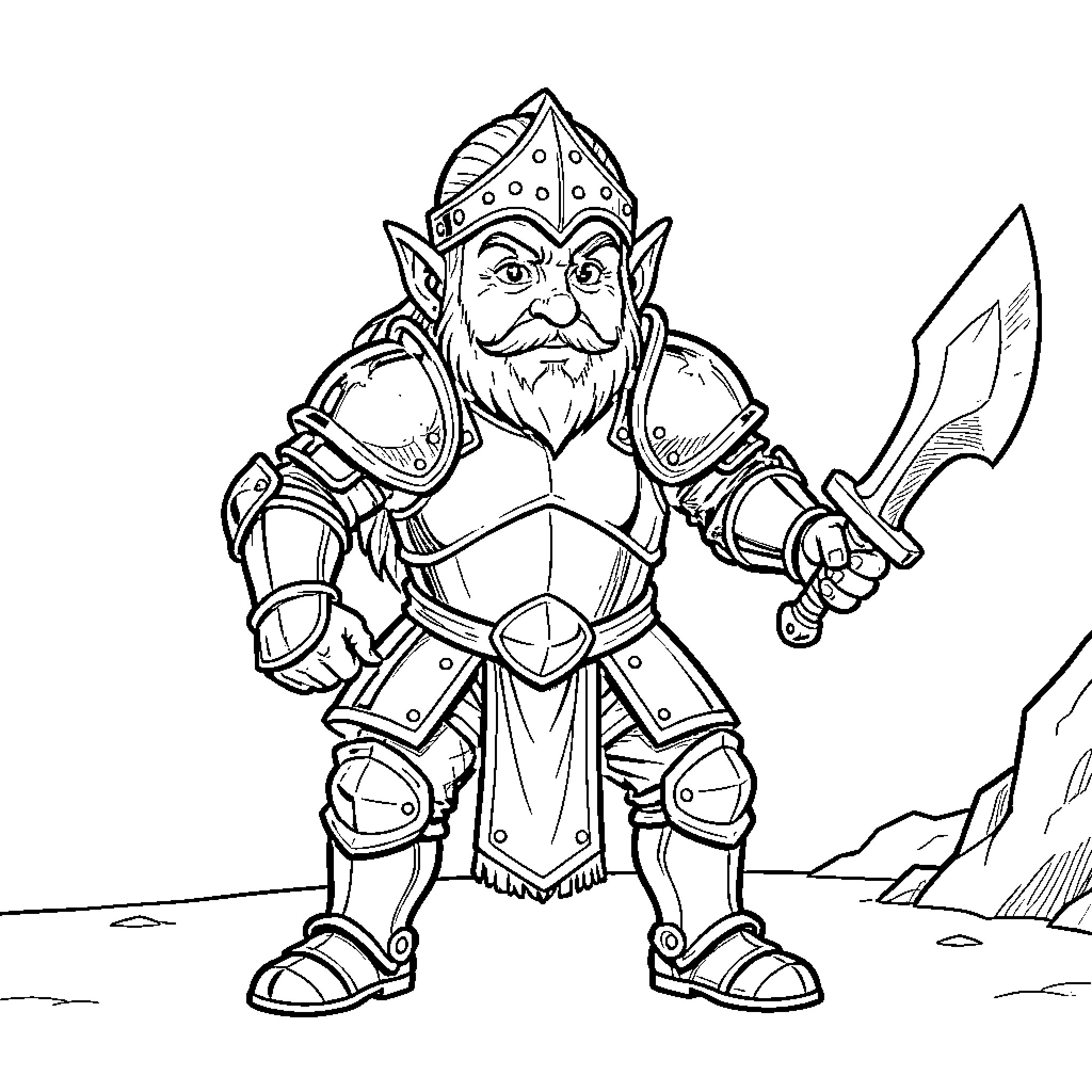 Dwarf knight wielding sword and shield Coloring Page (free black-and-white line drawing printable PDF for all, from beginners to advanced learners, including children, teens, adults, and seniors)