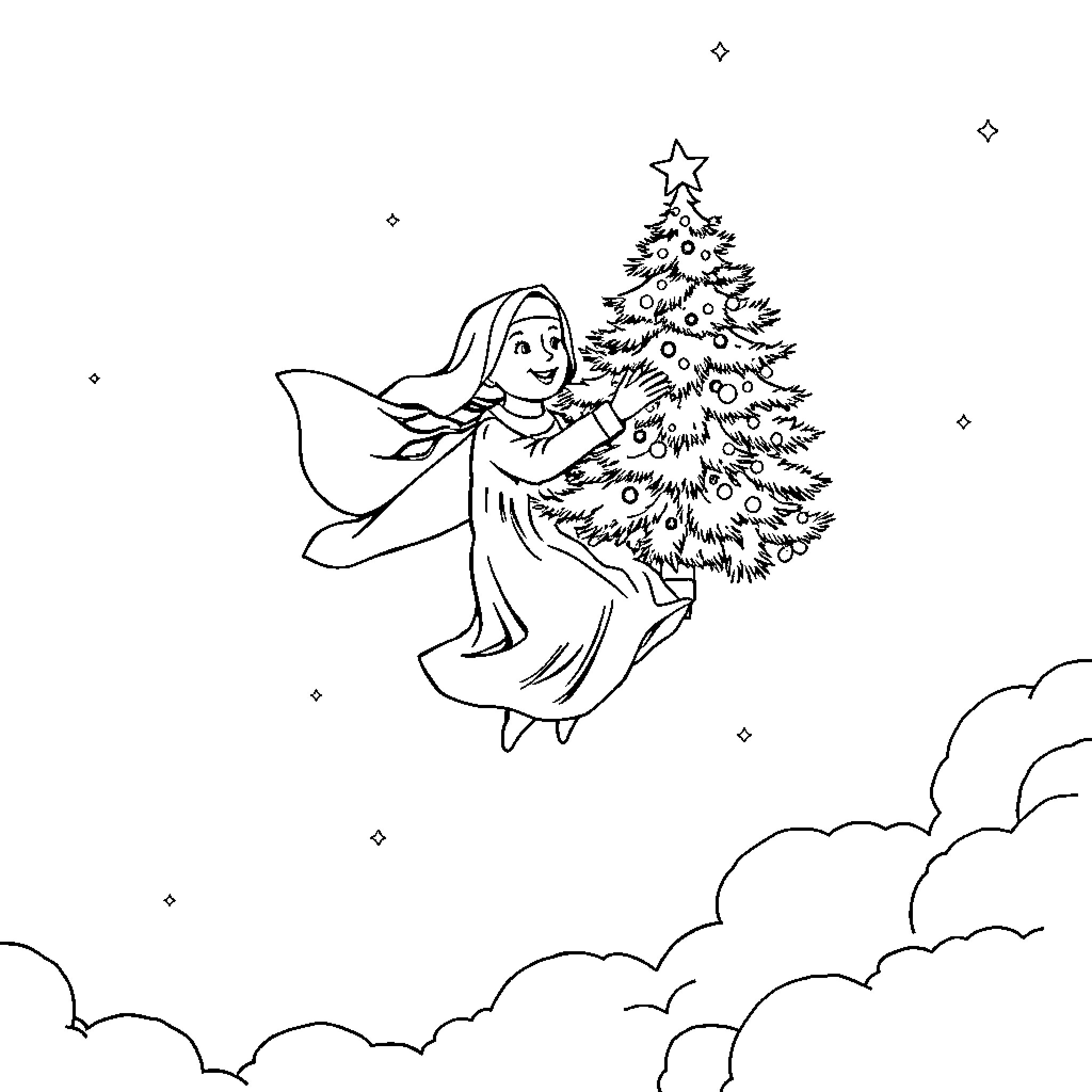 Nun decorating festive Christmas tree in the sky Coloring Page (free black-and-white line drawing printable PDF for all, from beginners to advanced learners, including children, teens, adults, and seniors)