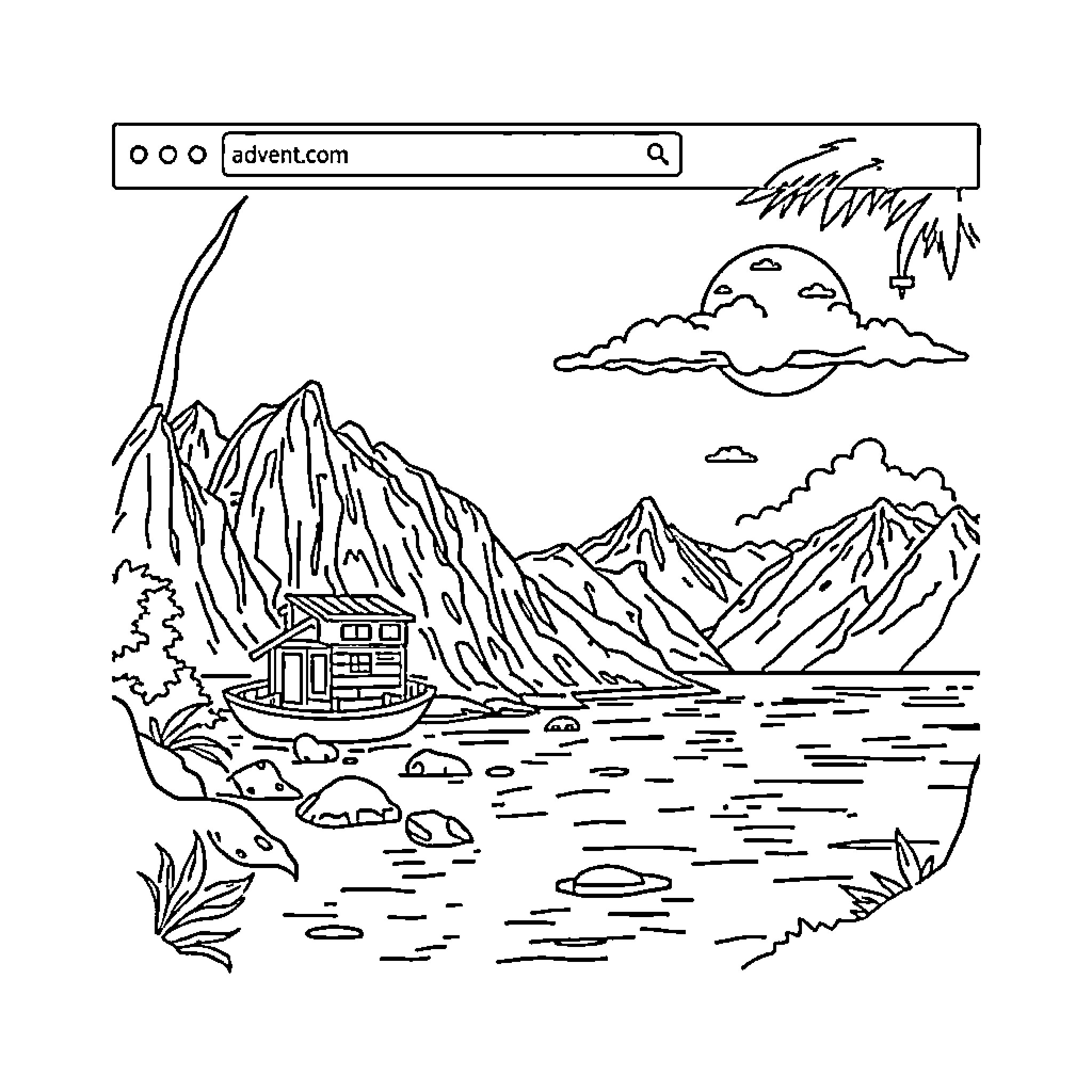 Livethatadventure Scenic mountain landscape with lakeside cabin Coloring Page (free black-and-white line drawing printable PDF for all, from beginners to advanced learners, including children, teens, adults, and seniors)
