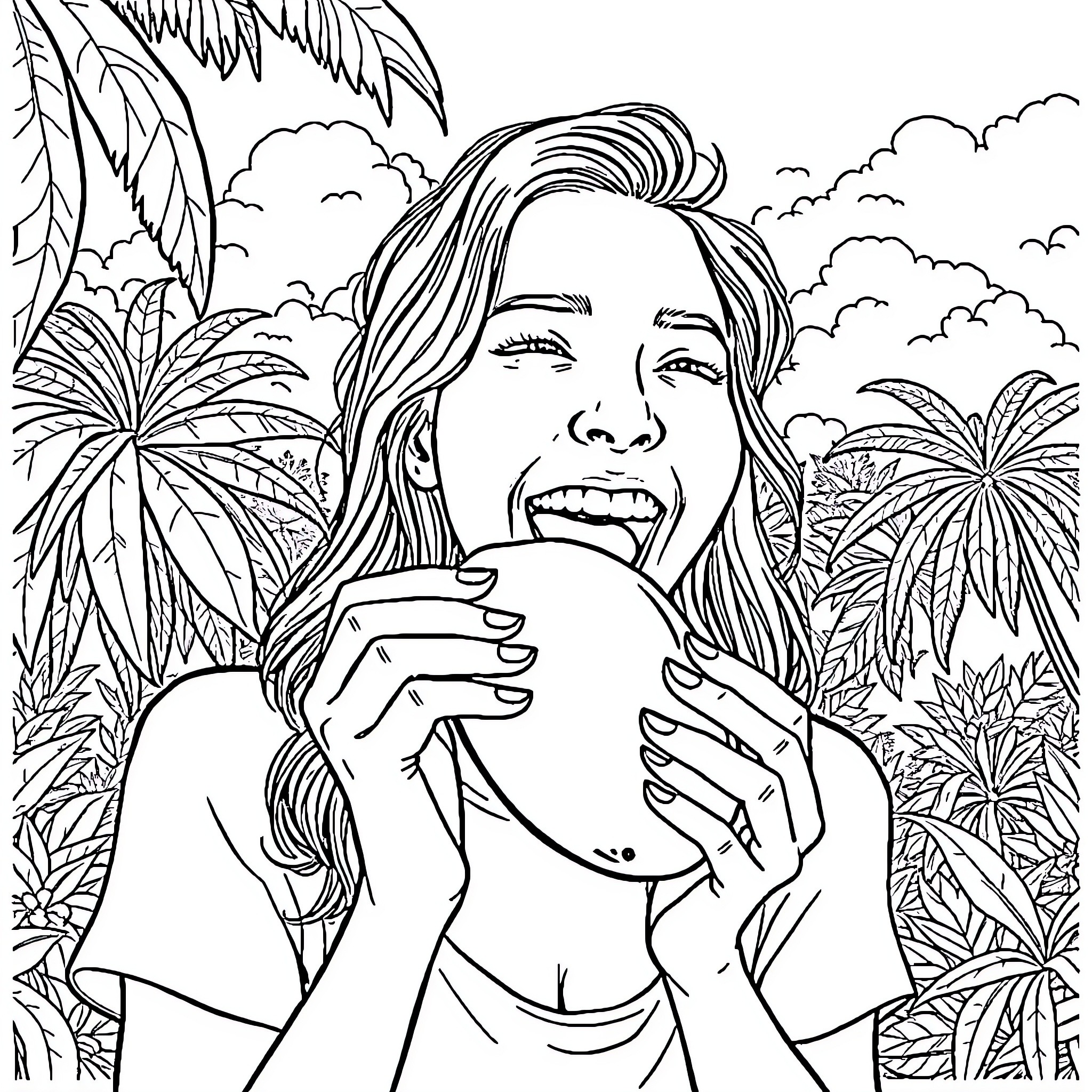 Mango Delight - A Joyful Tropical Moment Coloring Page (free black-and-white line drawing printable PDF for all, from beginners to advanced learners, including children, teens, adults, and seniors)