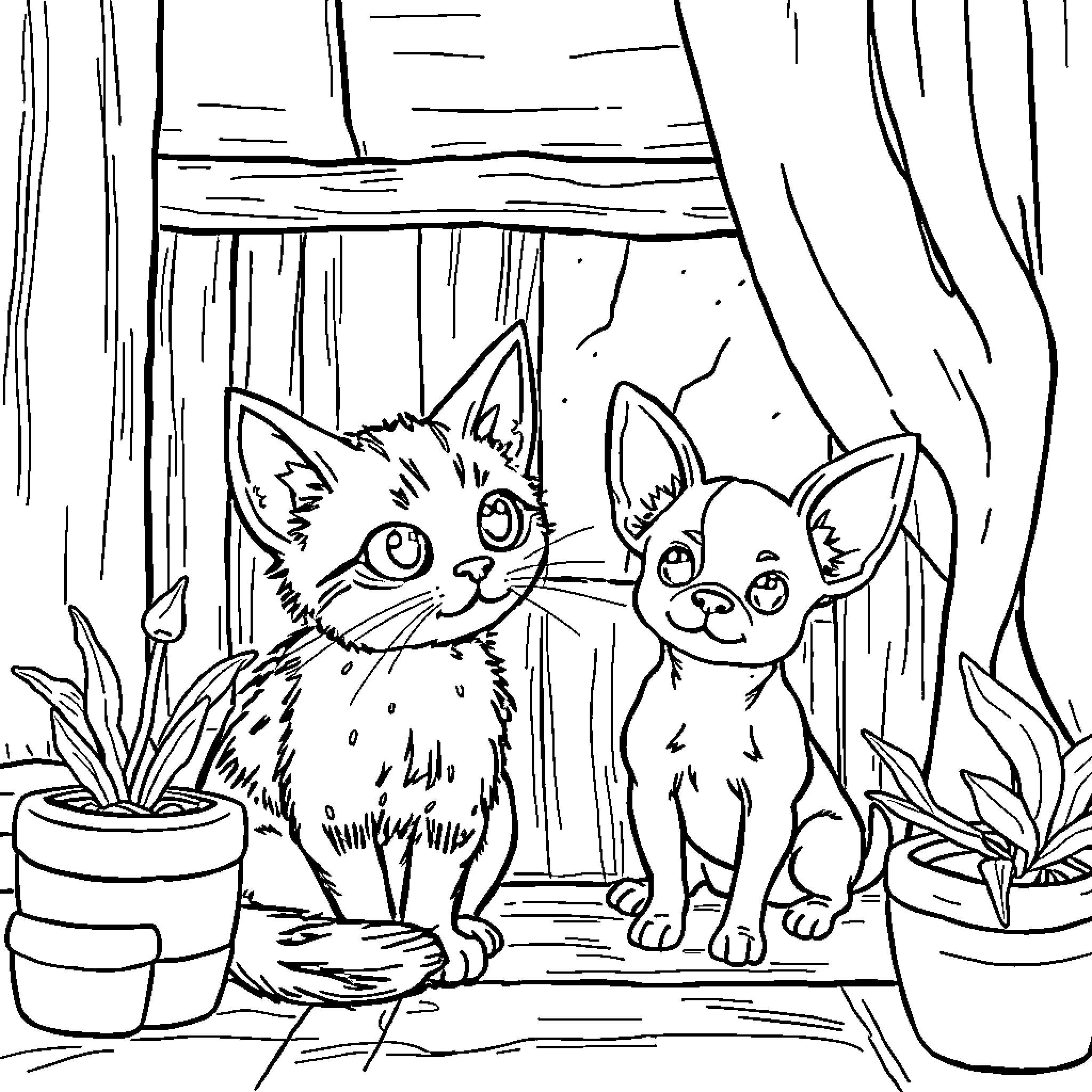 Cats Exploring Cozy Interior Coloring Page (free black-and-white line drawing printable PDF for all, from beginners to advanced learners, including children, teens, adults, and seniors)