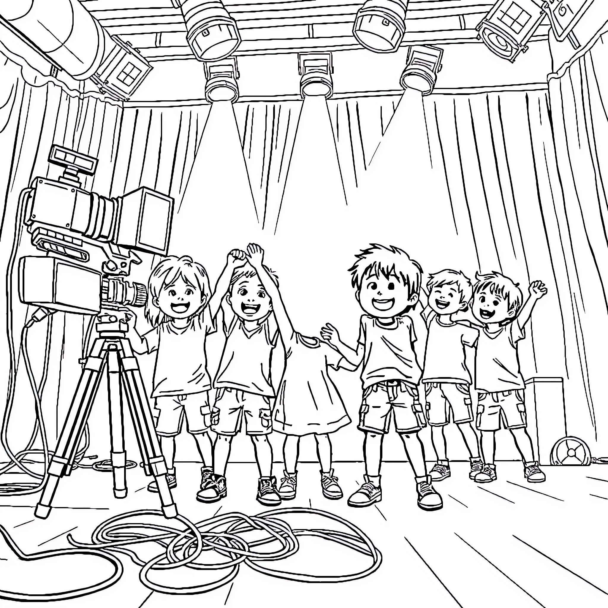 Kid actors performing on stage with camera equipment Coloring Page (free black-and-white line drawing printable PDF for all, from beginners to advanced learners, including children, teens, adults, and seniors)