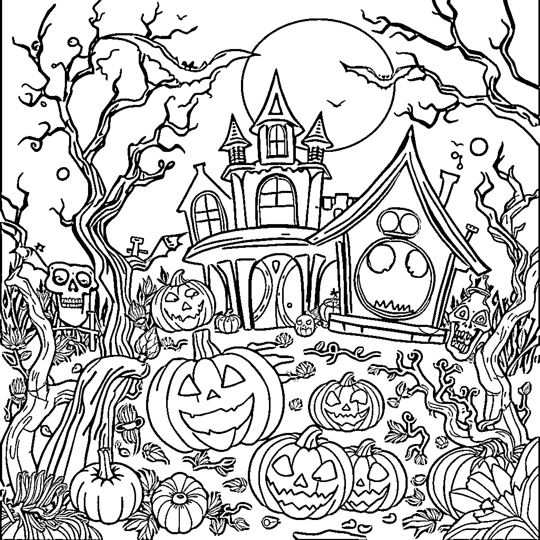 Halloween haunted house and spooky jack-o'-lanterns Coloring Page (free black-and-white line drawing printable PDF for all, from beginners to advanced learners, including children, teens, adults, and seniors)
