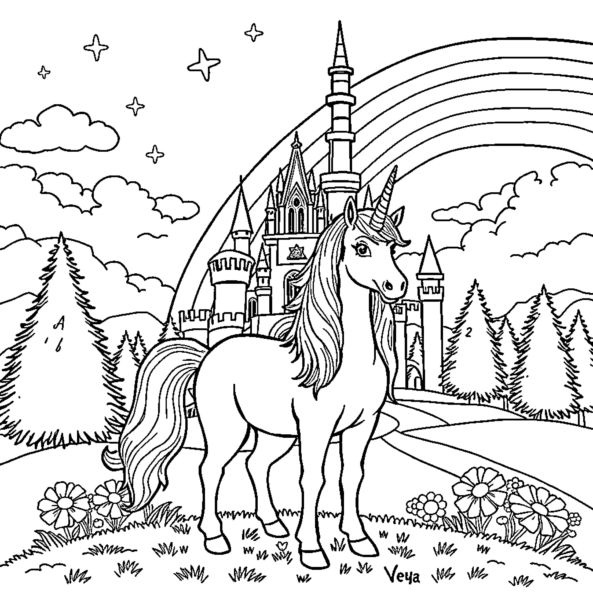 Unicorn in a magical castle landscape Coloring Page (free black-and-white line drawing printable PDF for all, from beginners to advanced learners, including children, teens, adults, and seniors)