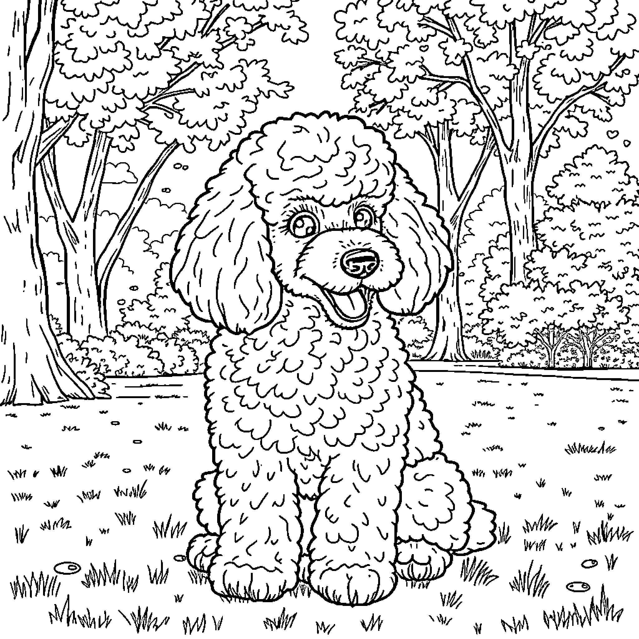 Poodle enjoying a serene forest scene Coloring Page (free black-and-white line drawing printable PDF for all, from beginners to advanced learners, including children, teens, adults, and seniors)