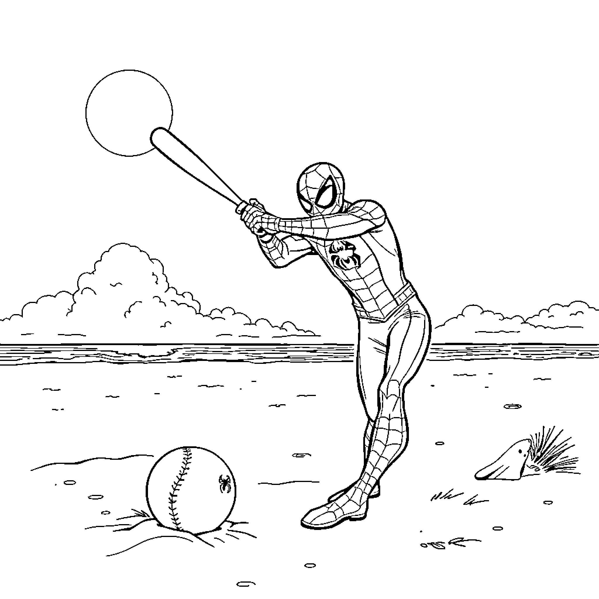 Spiderman playing baseball on the beach Coloring Page (free black-and-white line drawing printable PDF for all, from beginners to advanced learners, including children, teens, adults, and seniors)