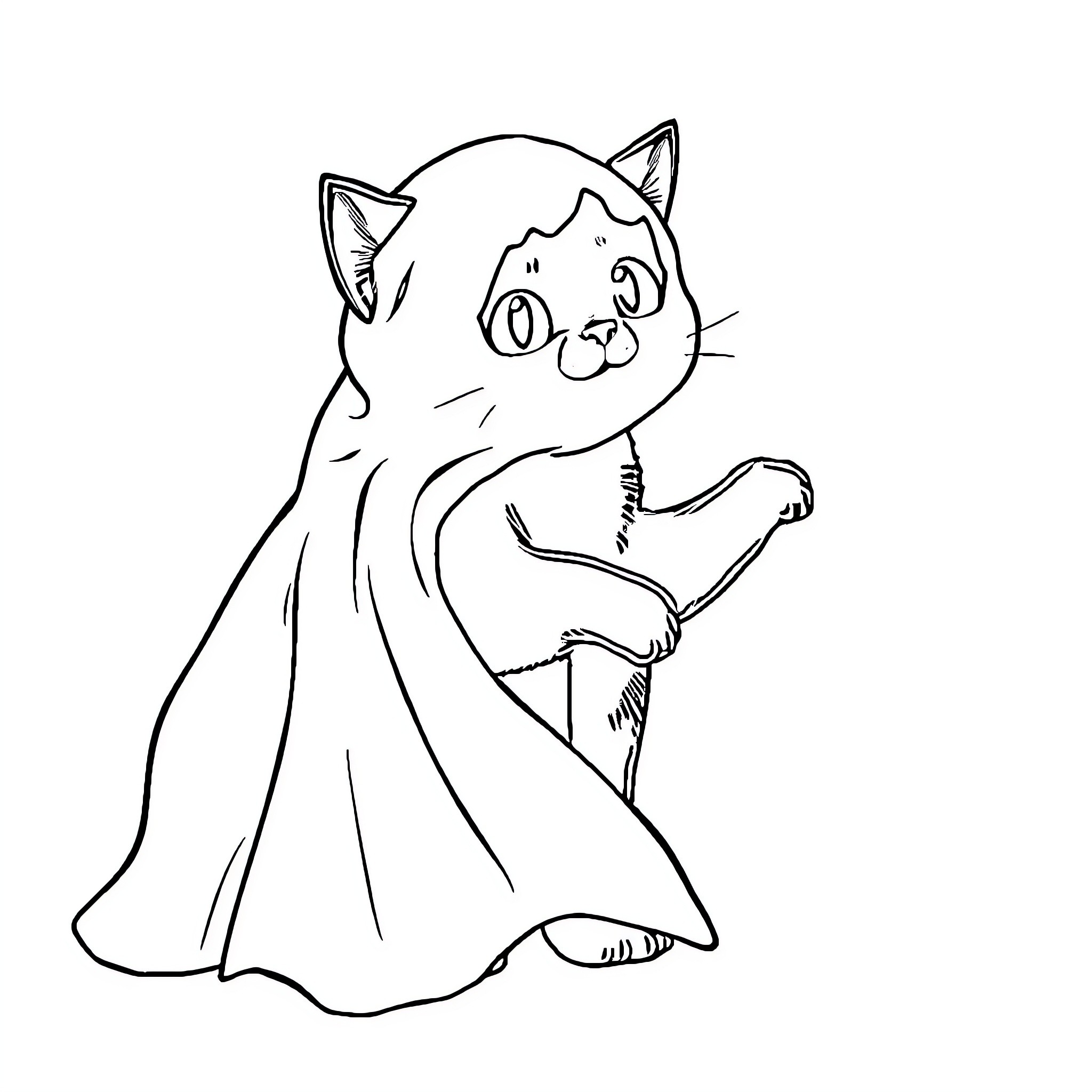 Cat in a cloak waving Coloring Page (free black-and-white line drawing printable PDF for all, from beginners to advanced learners, including children, teens, adults, and seniors)