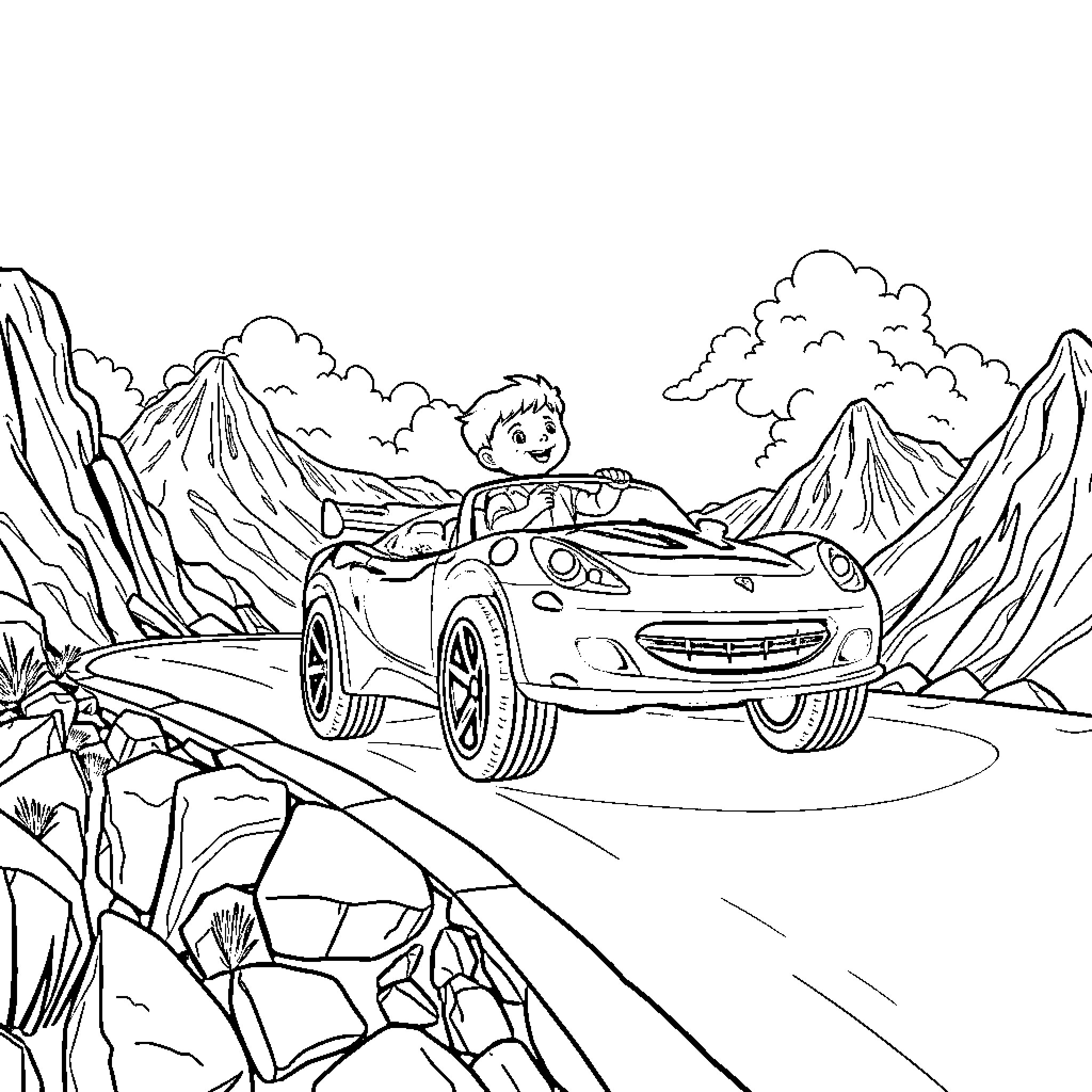 Car driving on winding mountain road Coloring Page (free black-and-white line drawing printable PDF for all, from beginners to advanced learners, including children, teens, adults, and seniors)