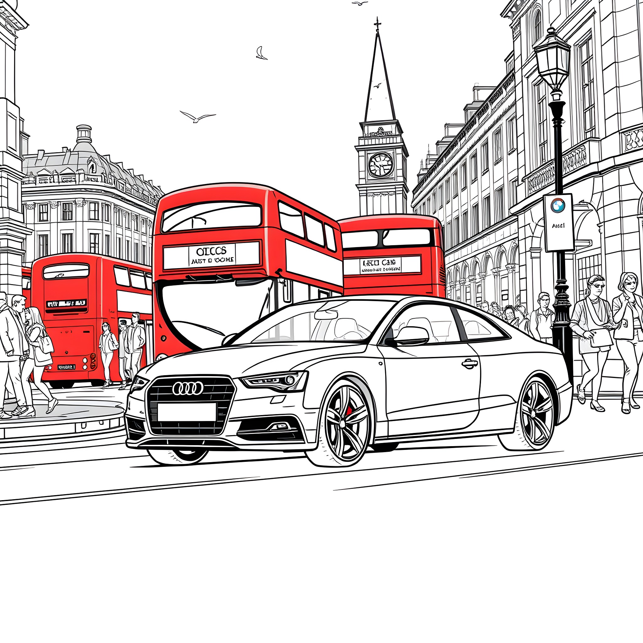 Audi in the Streets of London Coloring Page (free black-and-white line drawing printable PDF for all, from beginners to advanced learners, including children, teens, adults, and seniors)
