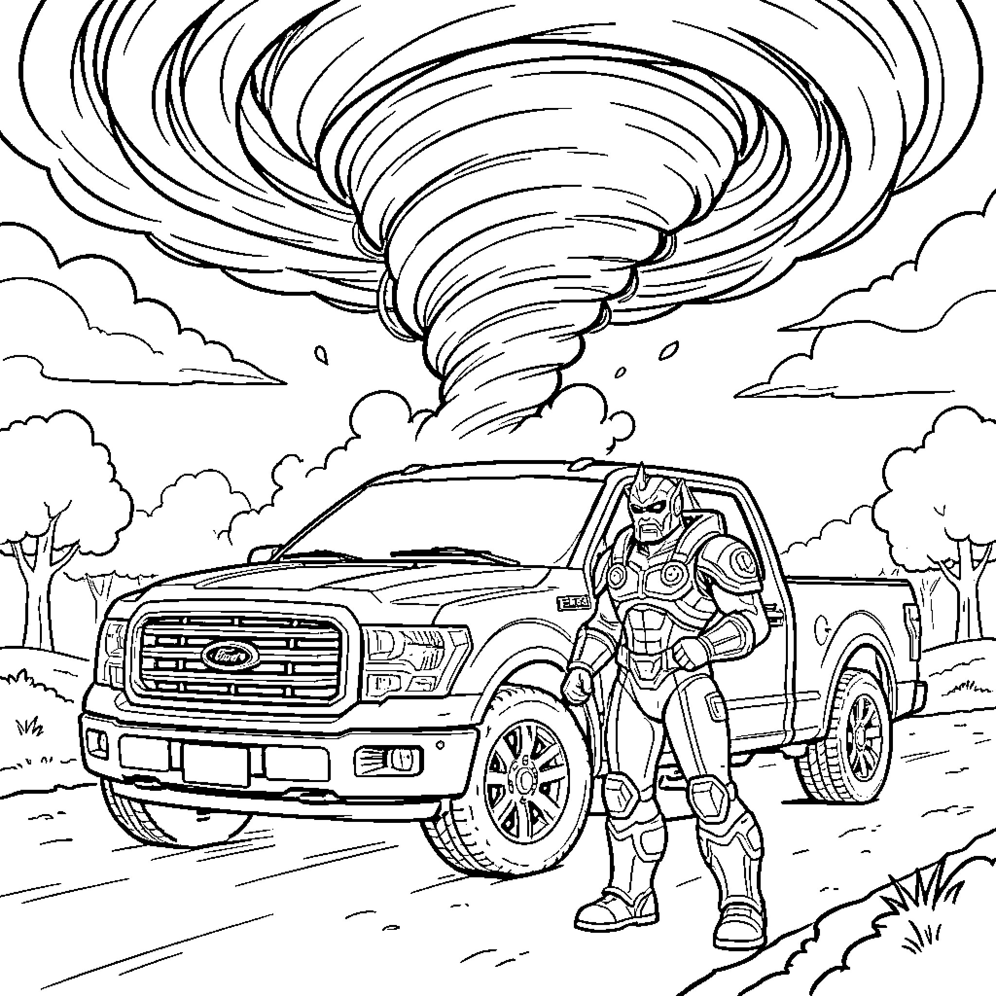 Dominator standing heroically beside a truck near a tornado Coloring Page (free black-and-white line drawing printable PDF for all, from beginners to advanced learners, including children, teens, adults, and seniors)