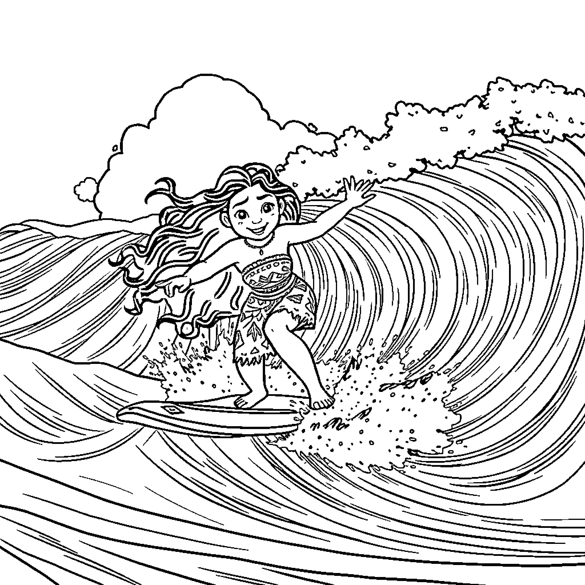 Moana surfing on the waves Coloring Page (free black-and-white line drawing printable PDF for all, from beginners to advanced learners, including children, teens, adults, and seniors)