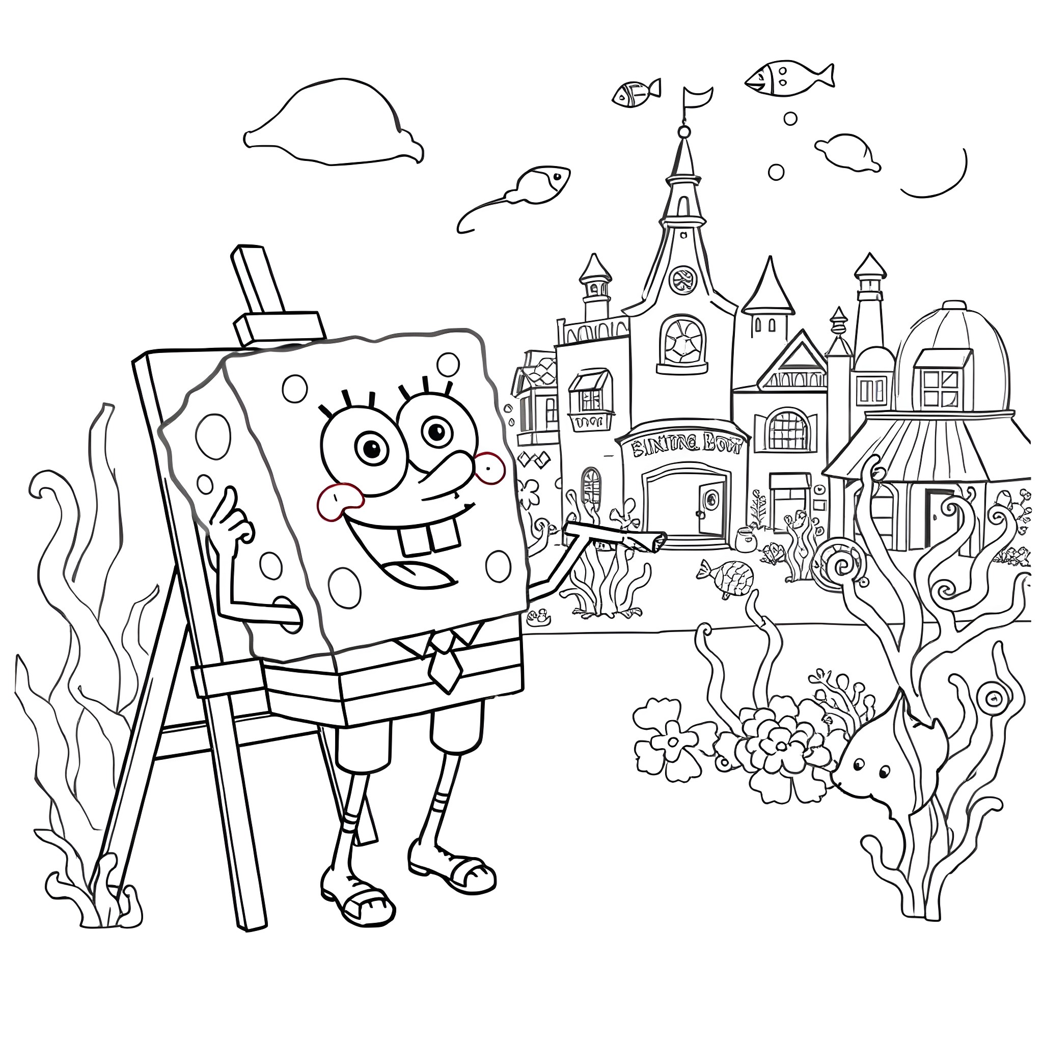 Spongebob painting a colorful underwater scene Coloring Page (free black-and-white line drawing printable PDF for all, from beginners to advanced learners, including children, teens, adults, and seniors)