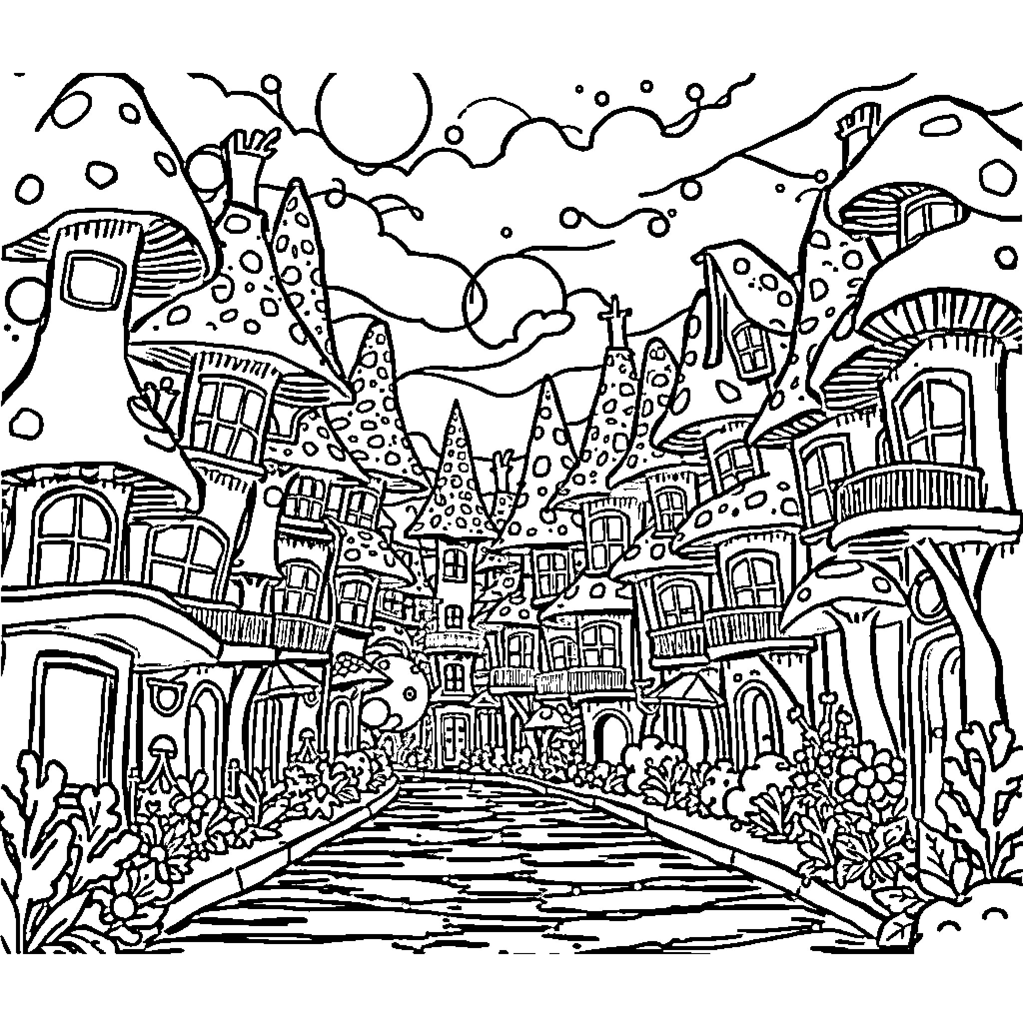 Mushroom fantasy landscape with whimsical buildings Coloring Page (free black-and-white line drawing printable PDF for all, from beginners to advanced learners, including children, teens, adults, and seniors)