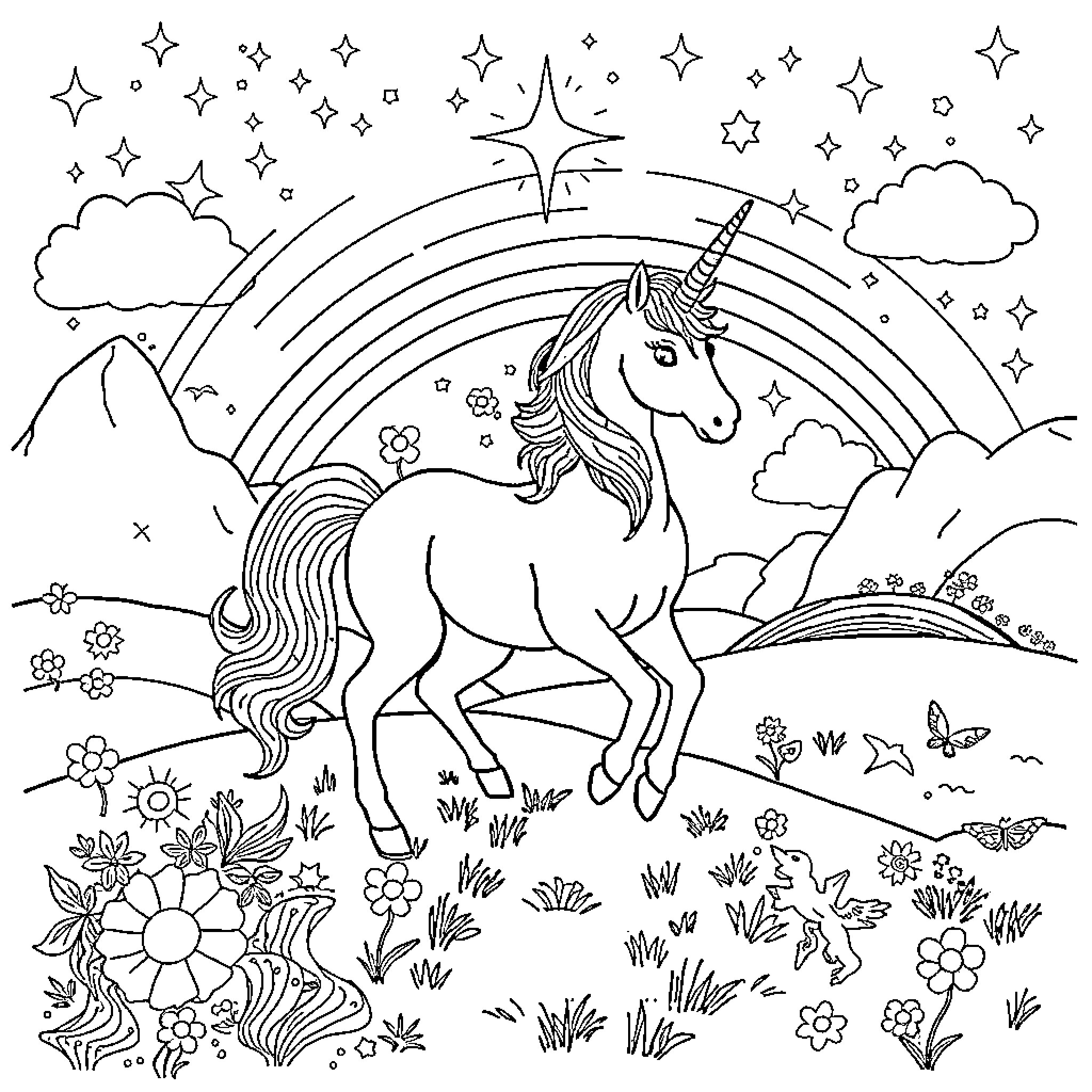 Unicorn galloping through a magical landscape Coloring Page (free black-and-white line drawing printable PDF for all, from beginners to advanced learners, including children, teens, adults, and seniors)